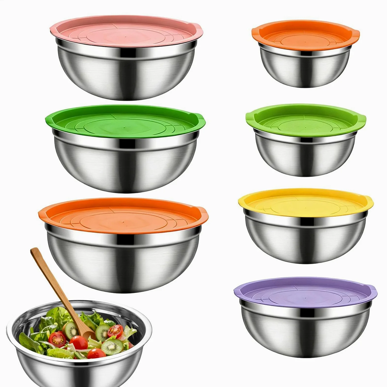 Juego de Bol para Mezclar con Tapa Herméticas de Acero Inoxidable, Juego | Ideales para preparar y conservar alimentos en el frigorífico Para Aliños,