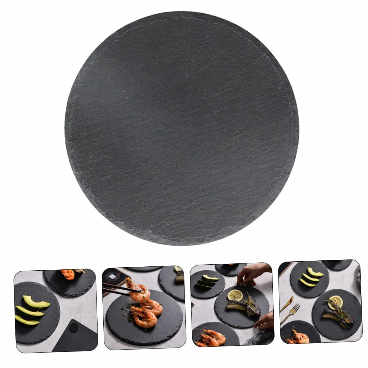 SOLUSTRE Plato de Piedra Redondo de Pizarra Negra para Servir Comida | Postres y Guarniciones, Uso en Casa o Restaurante, Estilo Rústico y Creativo
