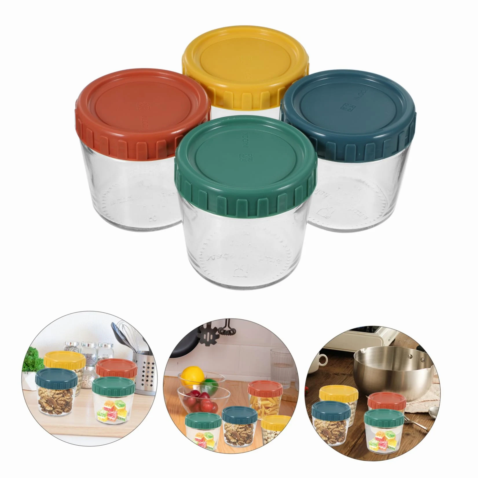 Mobestech Set de 4 Frascos de Vidrio Tapa de Silicona Sellada, Contenedores para Almacenar Alimentos Pequeños, Diseño Apilable y Fácil Acceso para Cocina y Yogur
