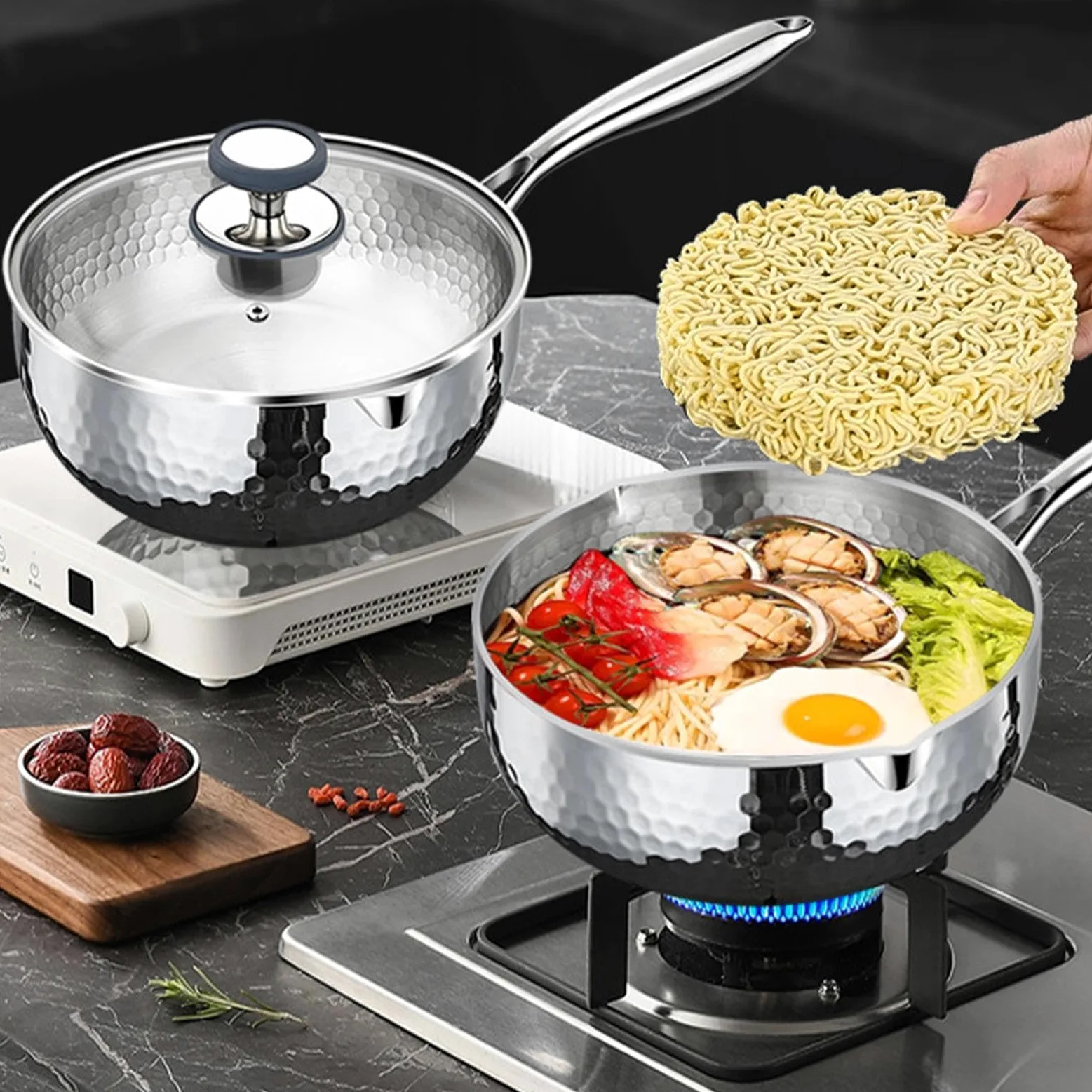 Cazo Con Tapa Menaje de cocina antiadherente con tapa y asa | Cazo Pequeño Para Vapor Y Salsas Para Freír, Cocinar a Fuego Lento, Hervir, en Cocina y en Hogar, Apto para Inducción