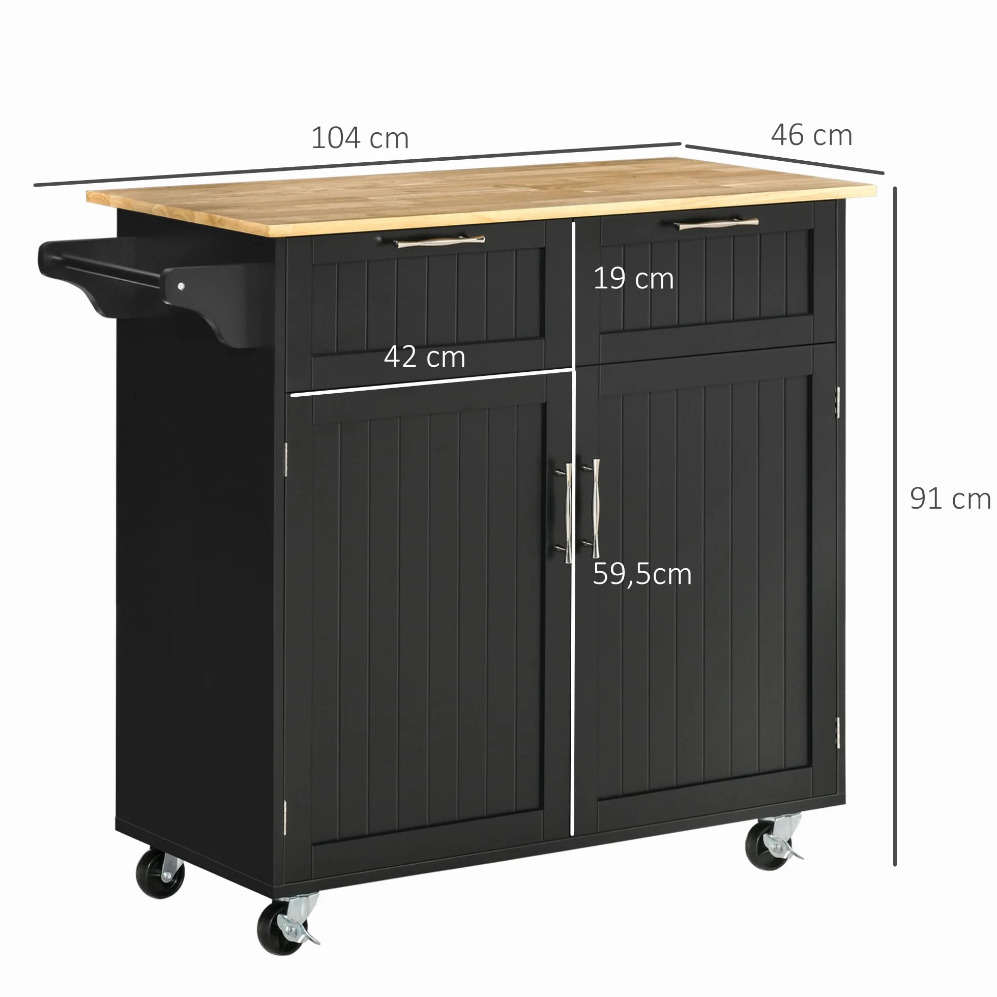 HOMCOM Isla de Cocina con Ruedas Carrito de Cocina Mueble Auxiliar de Cocina con 2 Puertas 2 Cajón Toallero y Estante Ajustable para Comedor Salón 104x46x91 cm Negro