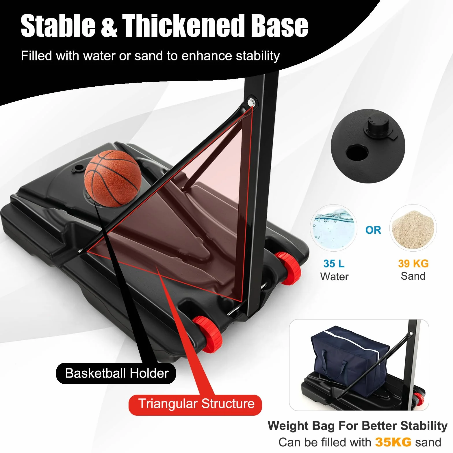KOMFOTTEU Canasta de Baloncesto Altura Ajustable 105-260 cm Portátil con Ruedas Base Rellenable