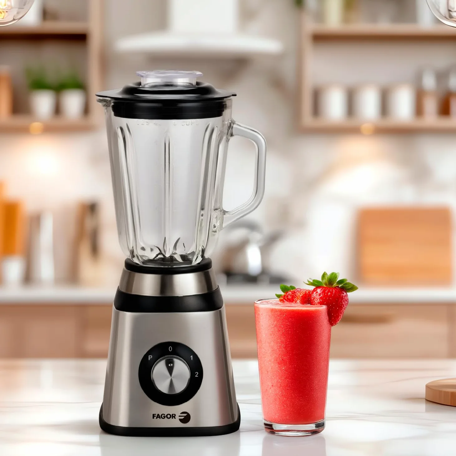 Batidora de Vaso 1,5L con Jarra de Cristal, Batidora Smoothies y Batidos, 2 Velocidades + Pulse, Cuchillas Acero Inoxidable, Blender para Fruta, Cremas y Salsas, Fácil Limpieza, FAGOR Coolmix One.