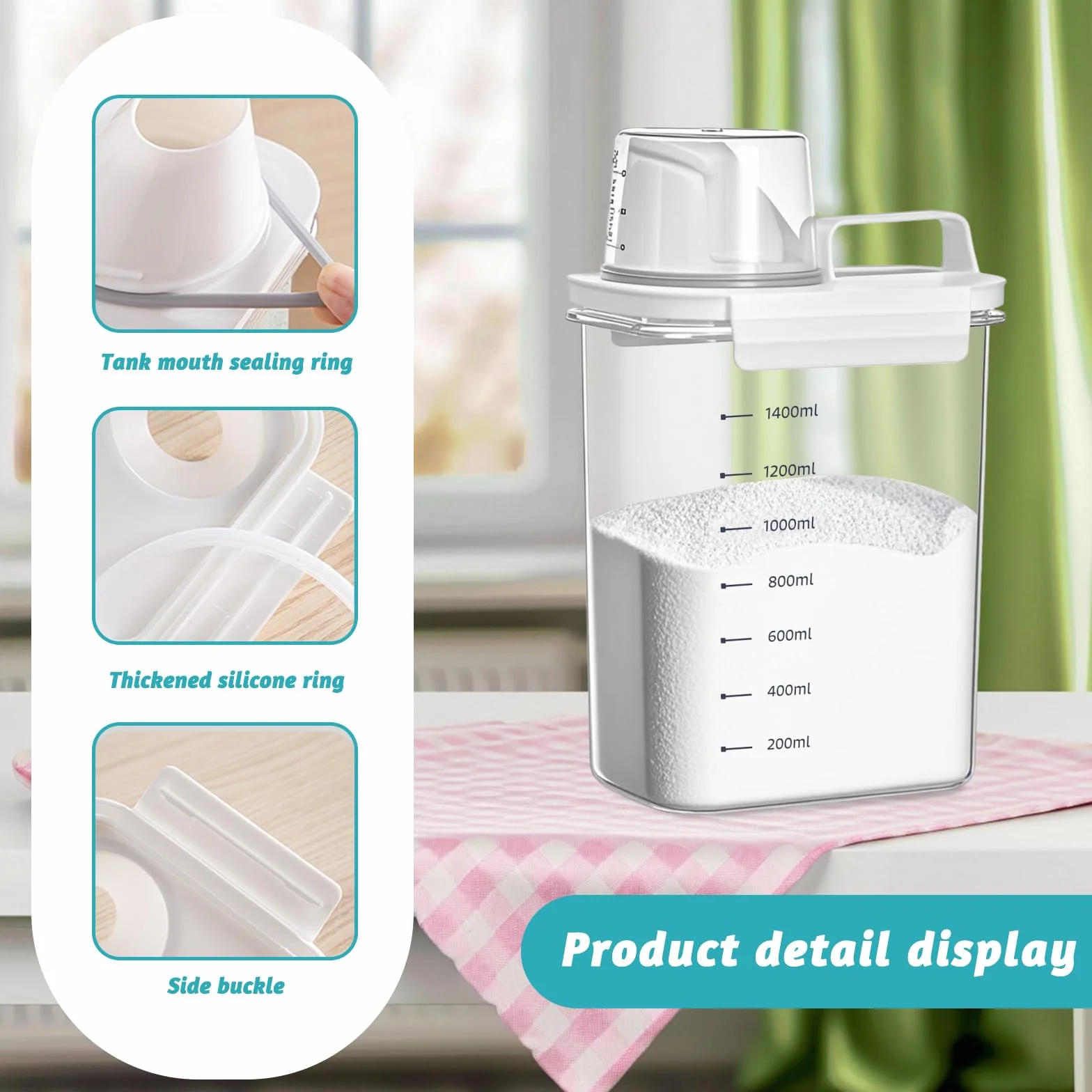 Dispensador de detergente hermético de 1800 ml con vaso medidor, caja de almacenamiento de detergente en polvo, caja de almacenamiento para detergente en polvo