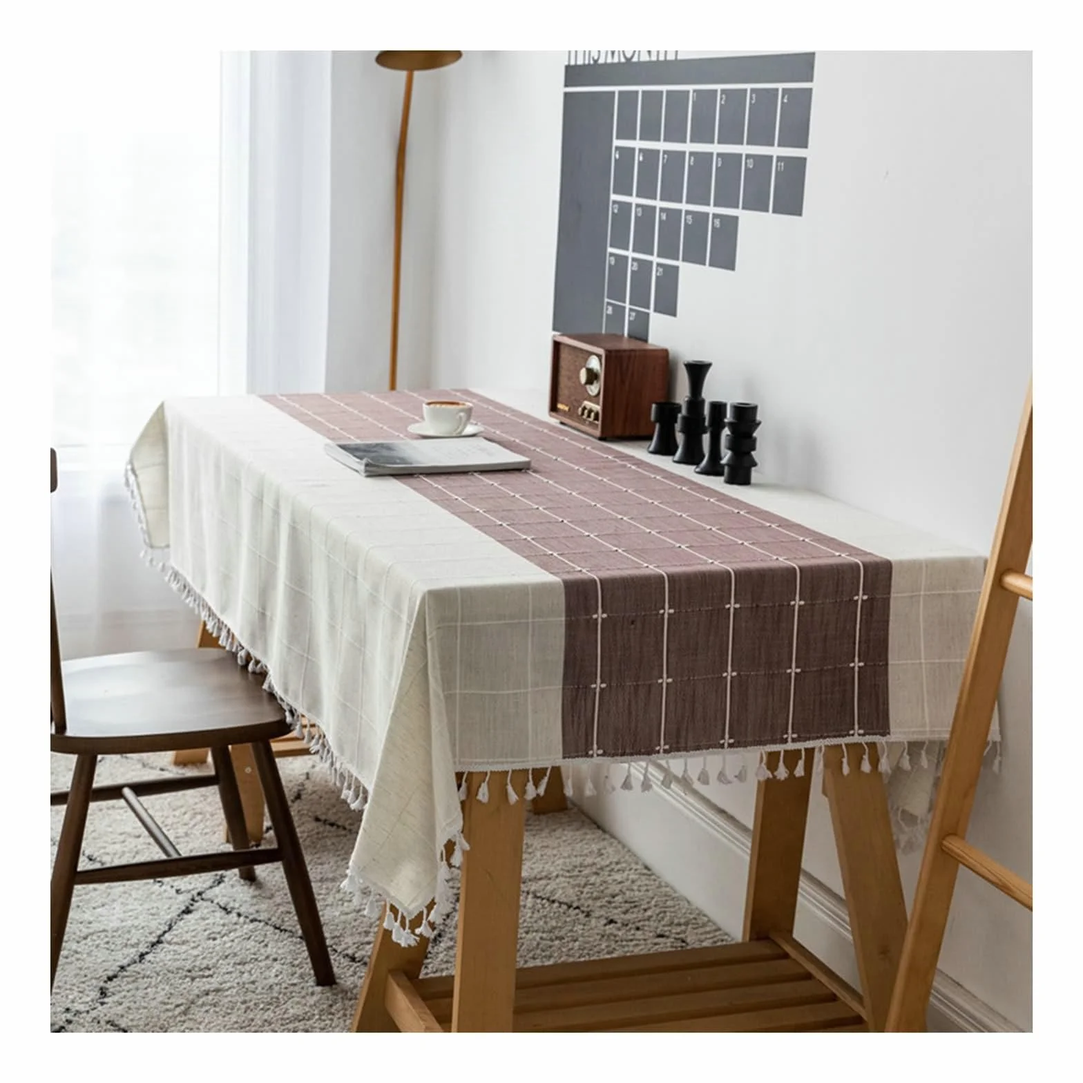 Gualiy Mantel Rectangular, Poliéster Mantel de Mesa Moderno 140x220CM Mantel Lavable Antimanchas Rayas a Cuadros con Borlas Mantel para Mesa Salon, Marrón