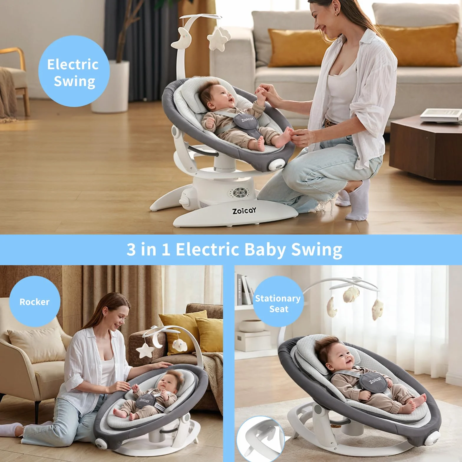 Mecedora Eléctrica para Bebé 3-en-1 Zoicay, 9 Modos, Giro 360°, Temporizador y Música, Control Remoto y Bluetooth, Gris