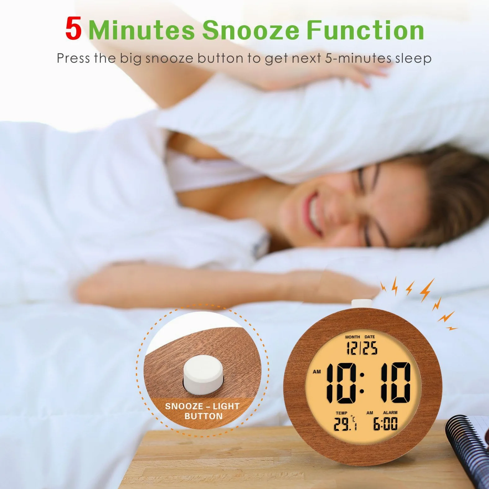 Plumeet Reloj despertador digital de madera para dormitorios, reloj despertador de madera de 4 pulgadas con repetición y luz nocturna, reloj electrónico LCD de escritorio que muestra la hora, fecha,