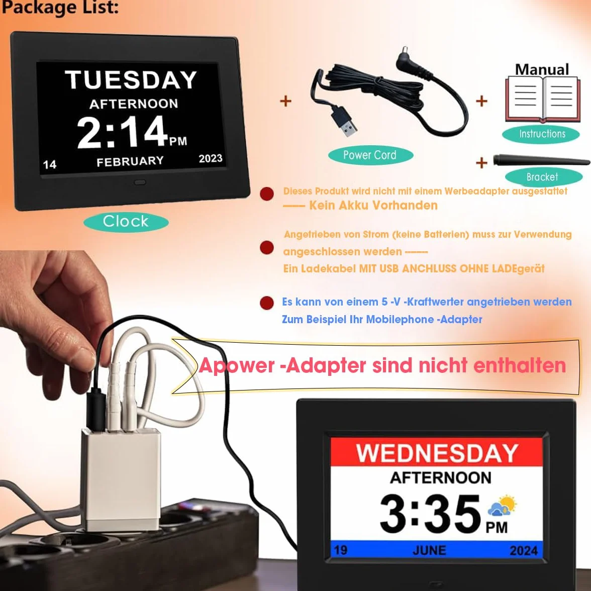 Despertador digital de 7 pulgadas con ajuste automático de brillo, pantalla LCD silenciosa, despertador con humedad y temperatura, para adultos y niños y enfermedad de Alzheimer (blanco)