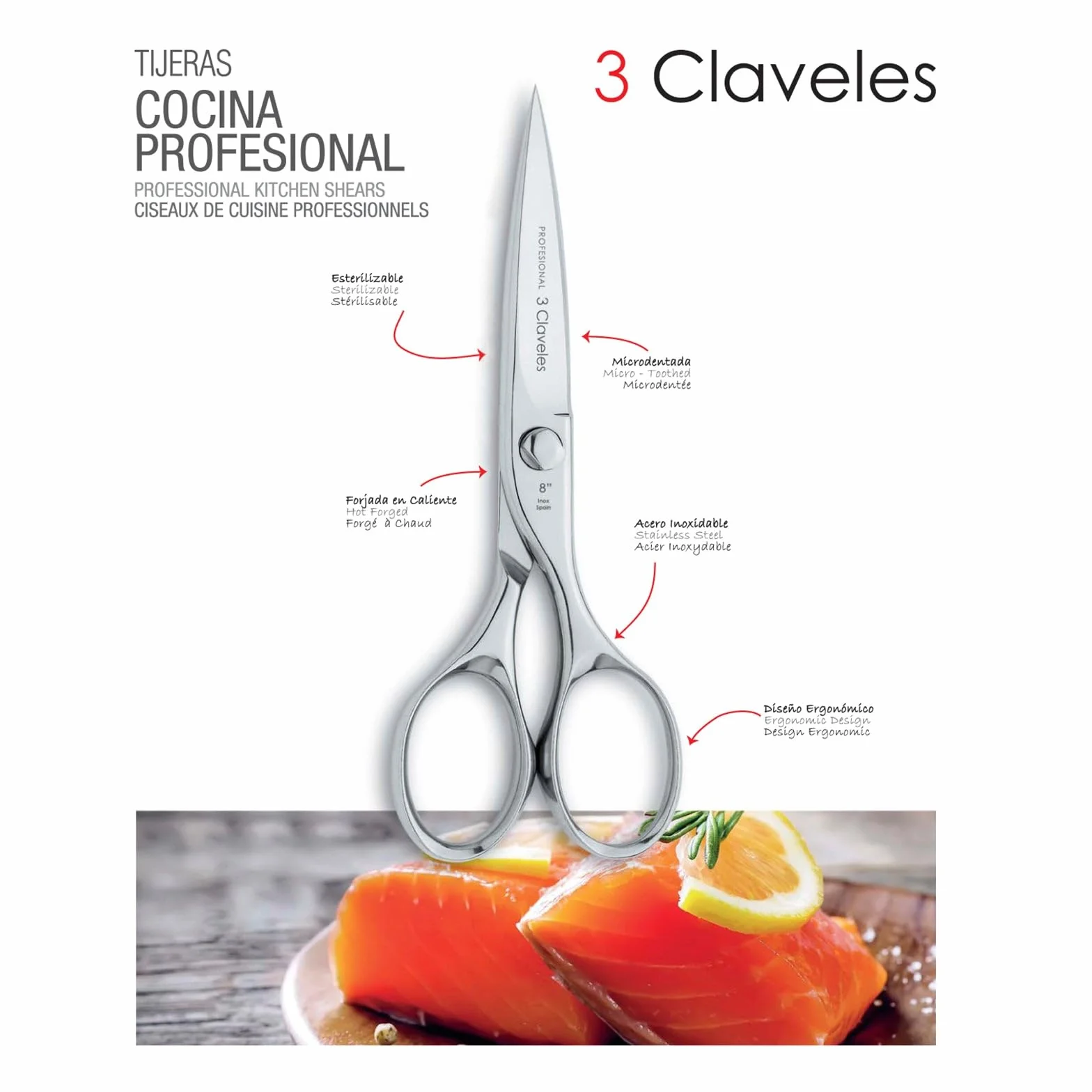 3 Claveles - 3Claveles 404 - Tijera para cocina de 8 pulgadas, inox