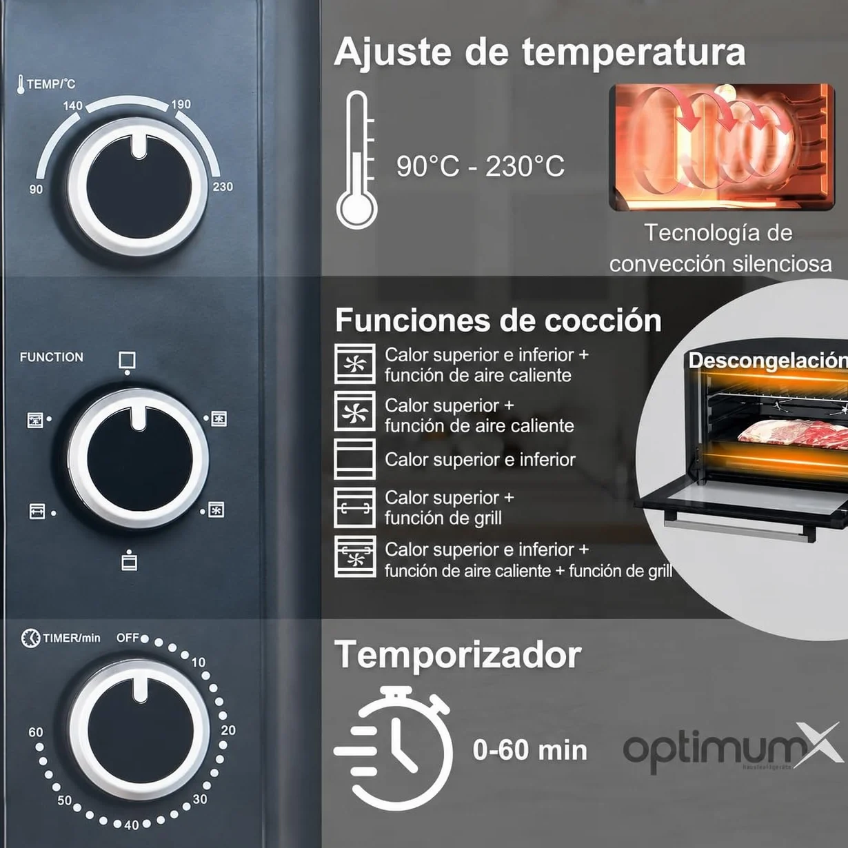 OptimumX Horno Eléctrico de Sobremesa 60L XXL con Convección, Asador Giratorio & Luz Interior, 2200W, 40–230 °C