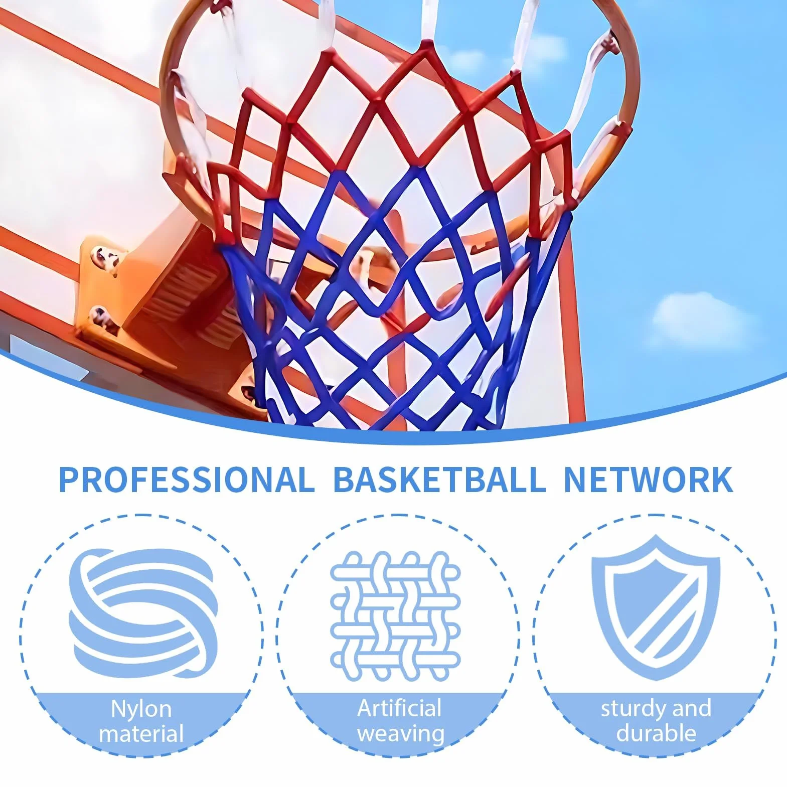 Red de Baloncesto Tricolor de Poliéster para Canasta 53 cm - Anillos Metálicos 45,7 cm - Azul Tamaño Oficial