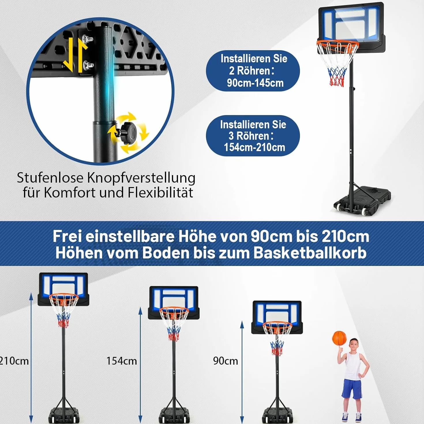 FANTASK Canasta de Baloncesto Ajustable 90-210 cm con Soporte y 2 Ruedas Azul