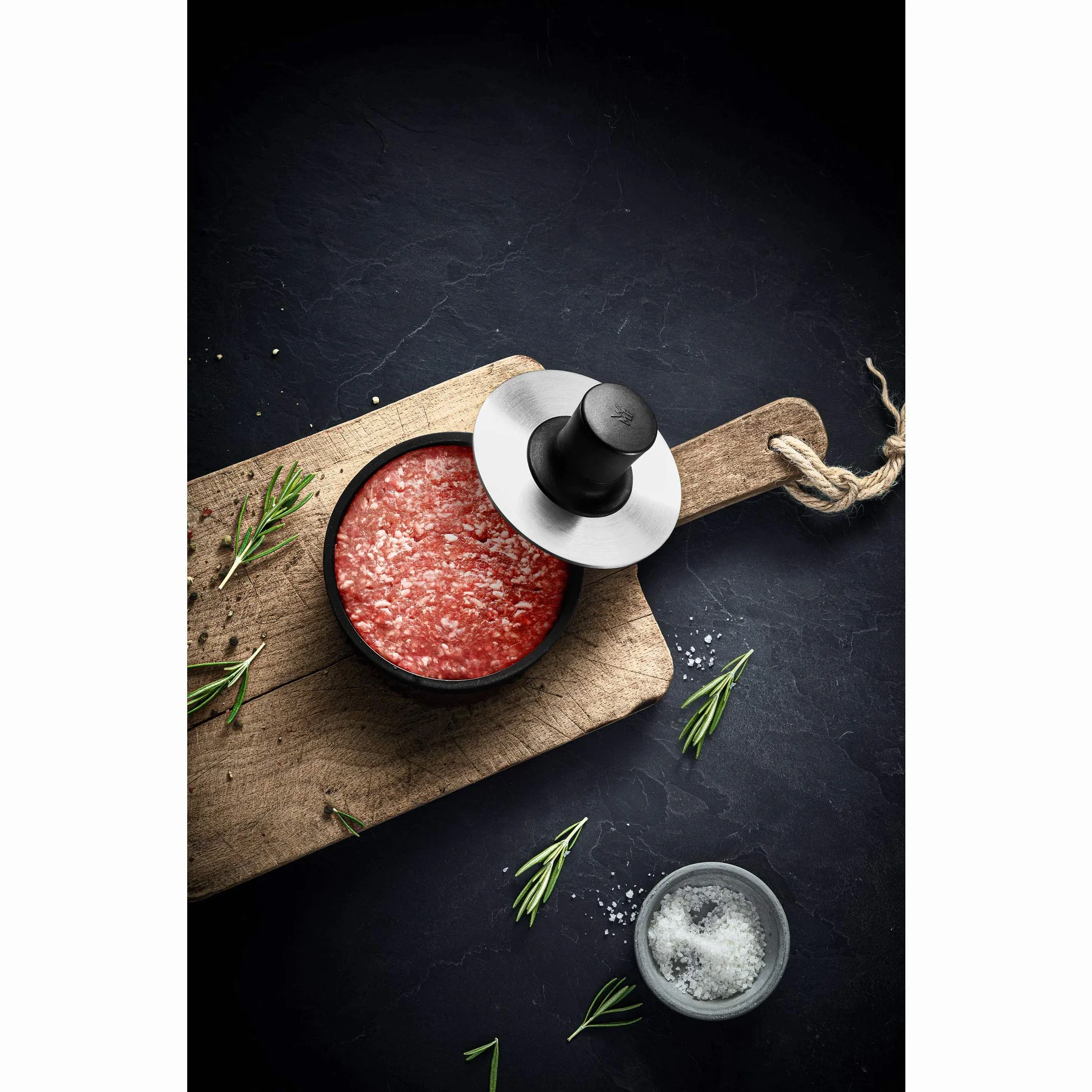 WMF BBQ - Prensa para hamburguesas de 12,5 cm, prensa uniformes para deliciosas hamburguesas,carnes y verduras, acero inoxidable cromargan 18/10, apta para lavavajillas