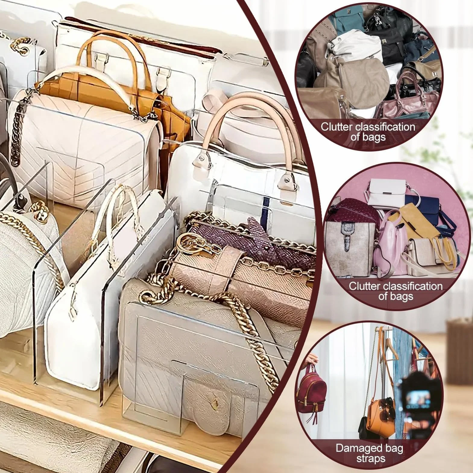 Organizador de Bolso para Armario Divisores Estante 32cm Acrilico 4 Rejillas Apilables