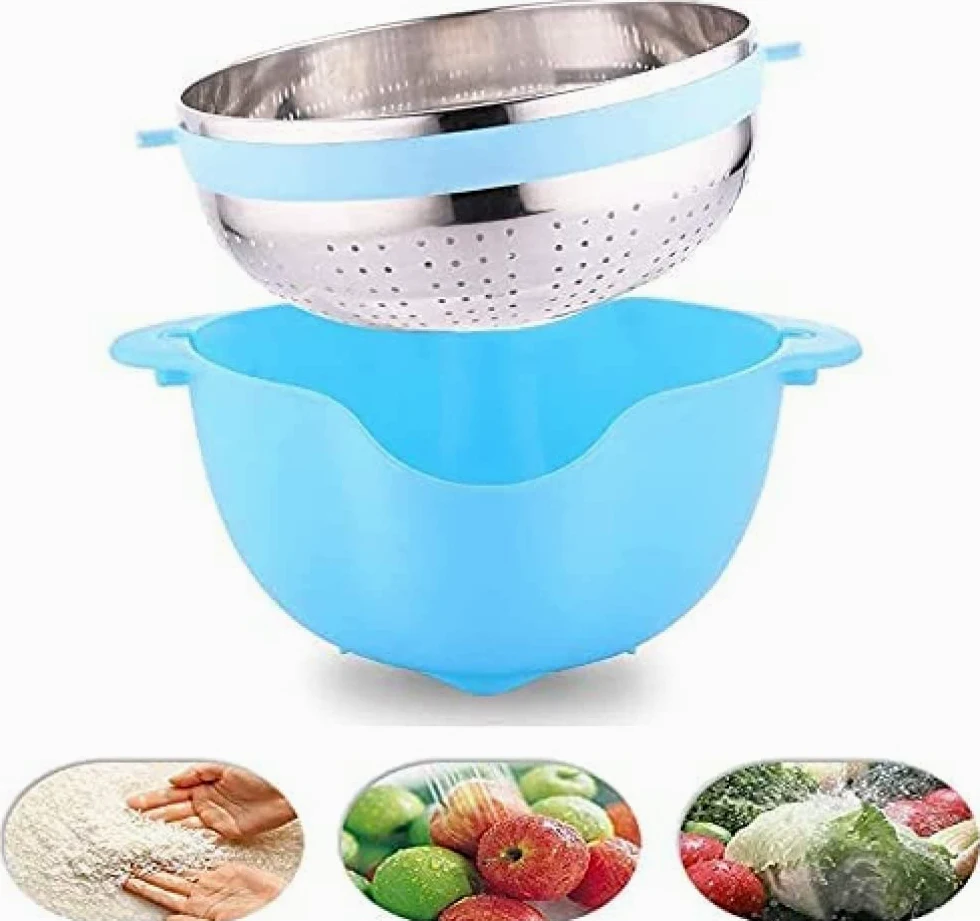 Colador Colador 2 en 1 Cestas de Frutas giratorias para Cocina Coladores microperforados Desmontables Autodrenantes para Pasta Arroz Espagueti Fideos Ensaladas Verduras (Azul)-Blue