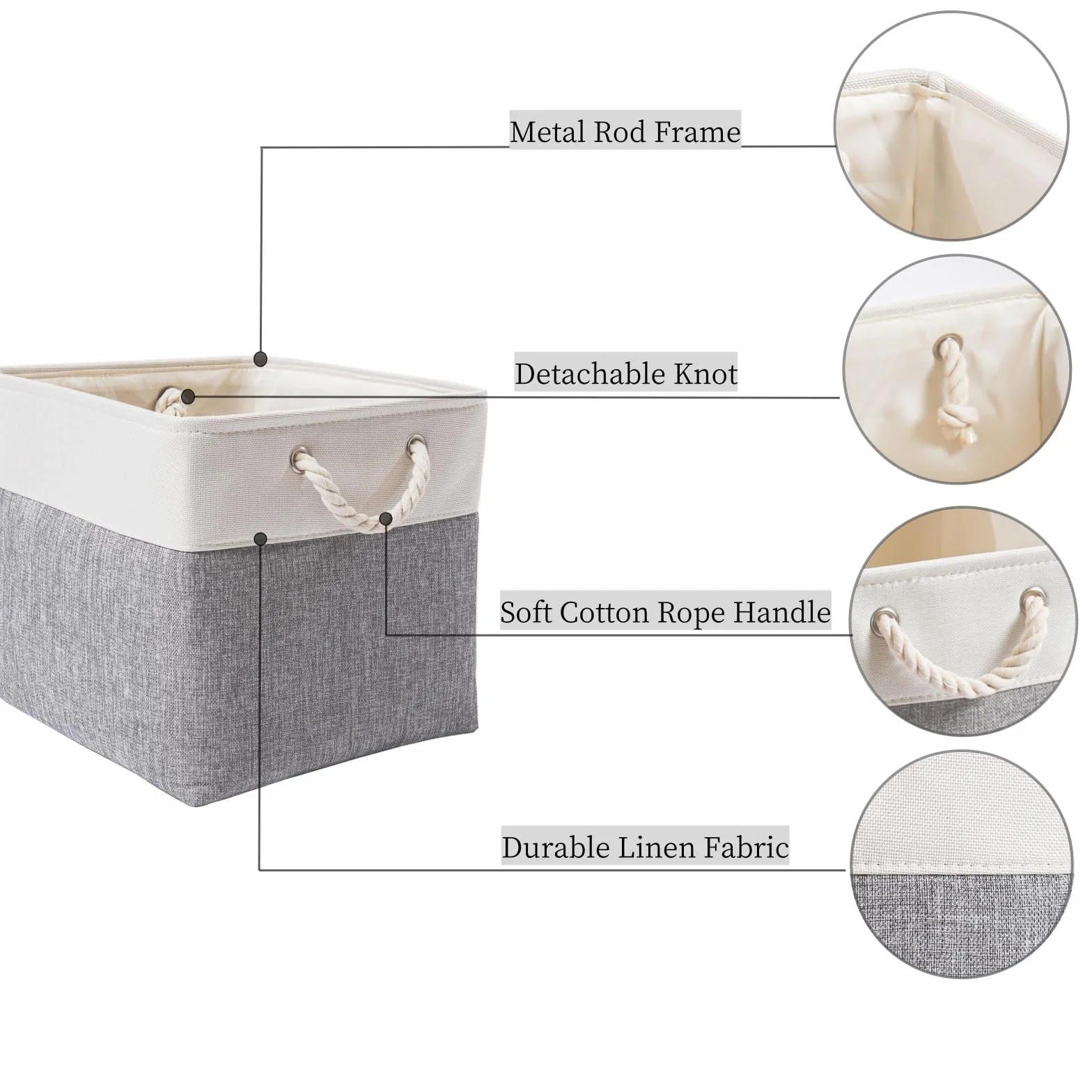 Mangata Cajas Almacenaje 33x38x33 cm Lona Engrosada Plegable con Asas de Cuerda 4 Pack Gris/Blanco