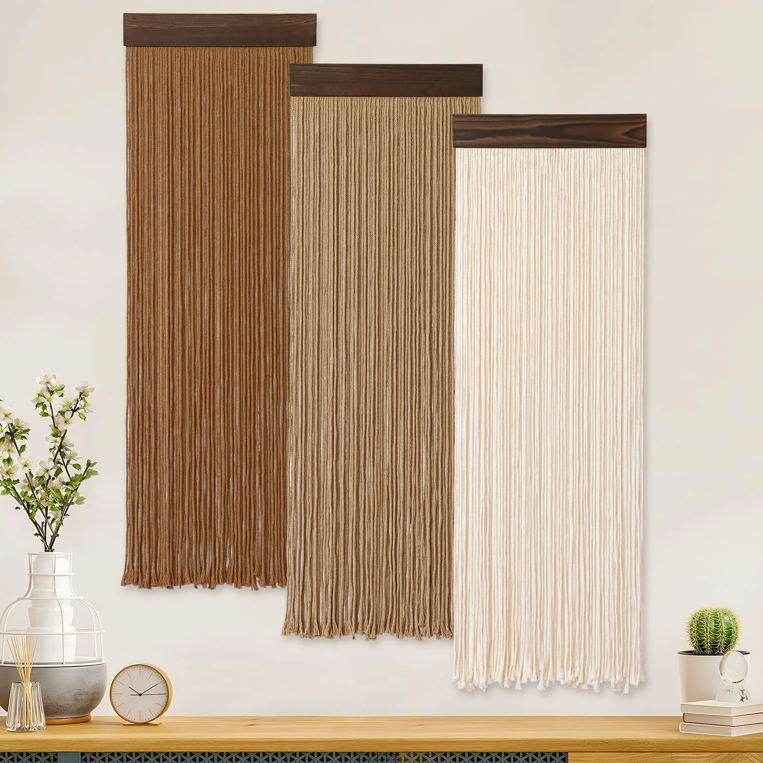 Weldomcor 3 piezas de hilo de macramé boho chic decoración del hogar, 30 x 92 cm, borlas, tapiz moderno hecho a mano, gran decoración de pared para salón, dormitorio, habitación de los niños