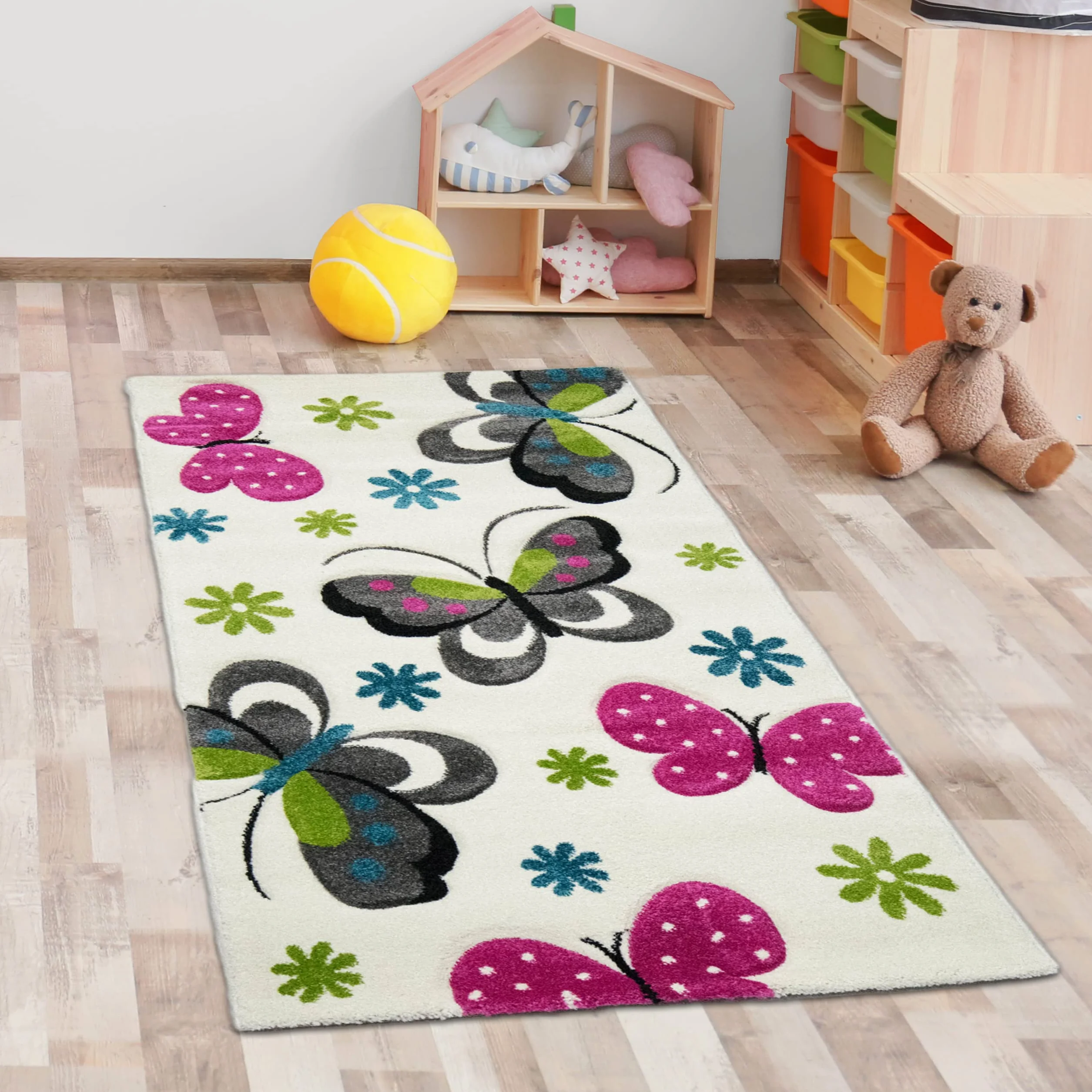 CARPETIA Alfombra de Mariposas Coloridas para Habitaciones Infantiles - Apta para alérgicos - Crema, 80 x 150 cm