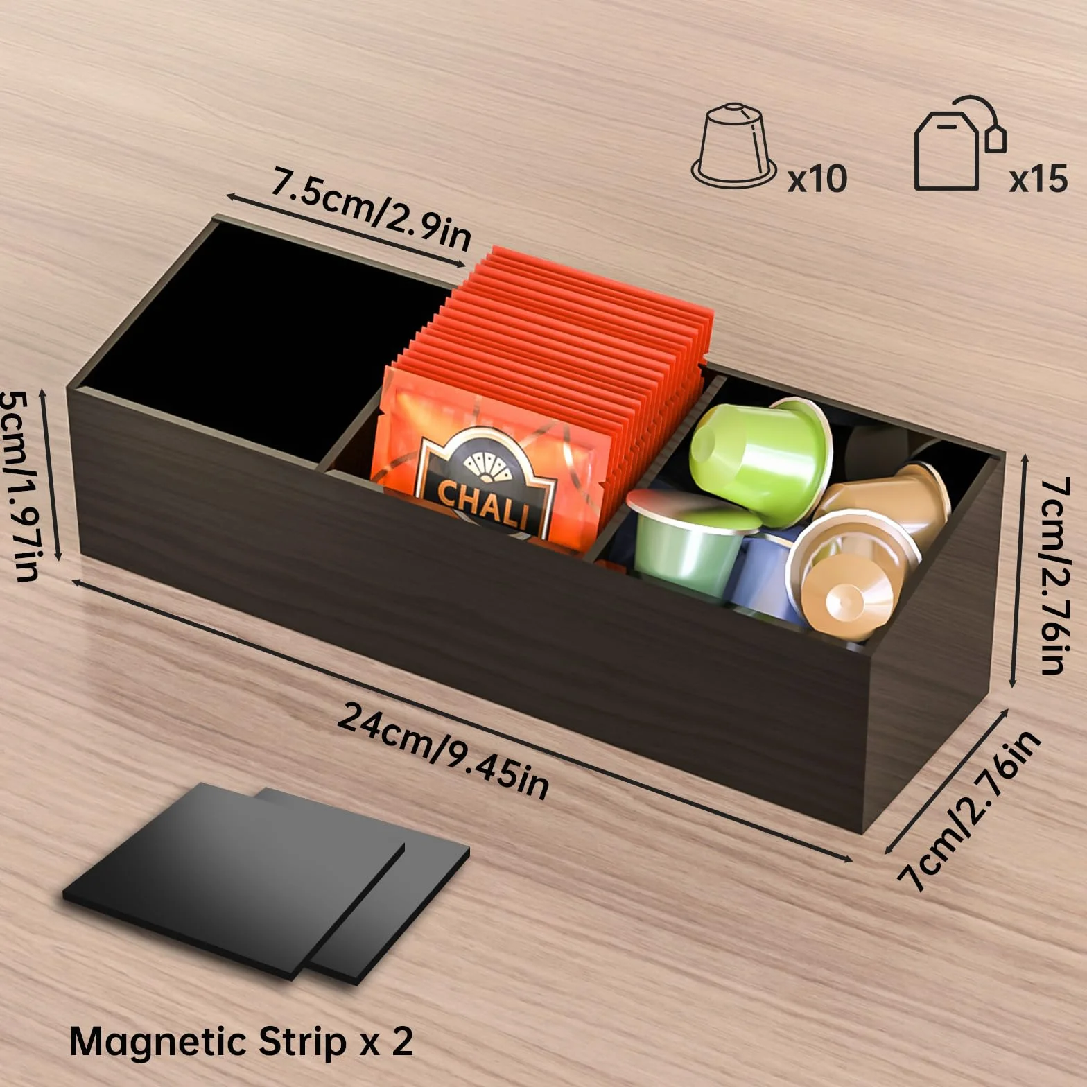 NiHome Organizador magnético de bolsas de té acrílico de tres compartimentos, solución de almacenamiento versátil para bolsas de té y artículos pequeños, diseño elegante y duradero con tamaño compacto