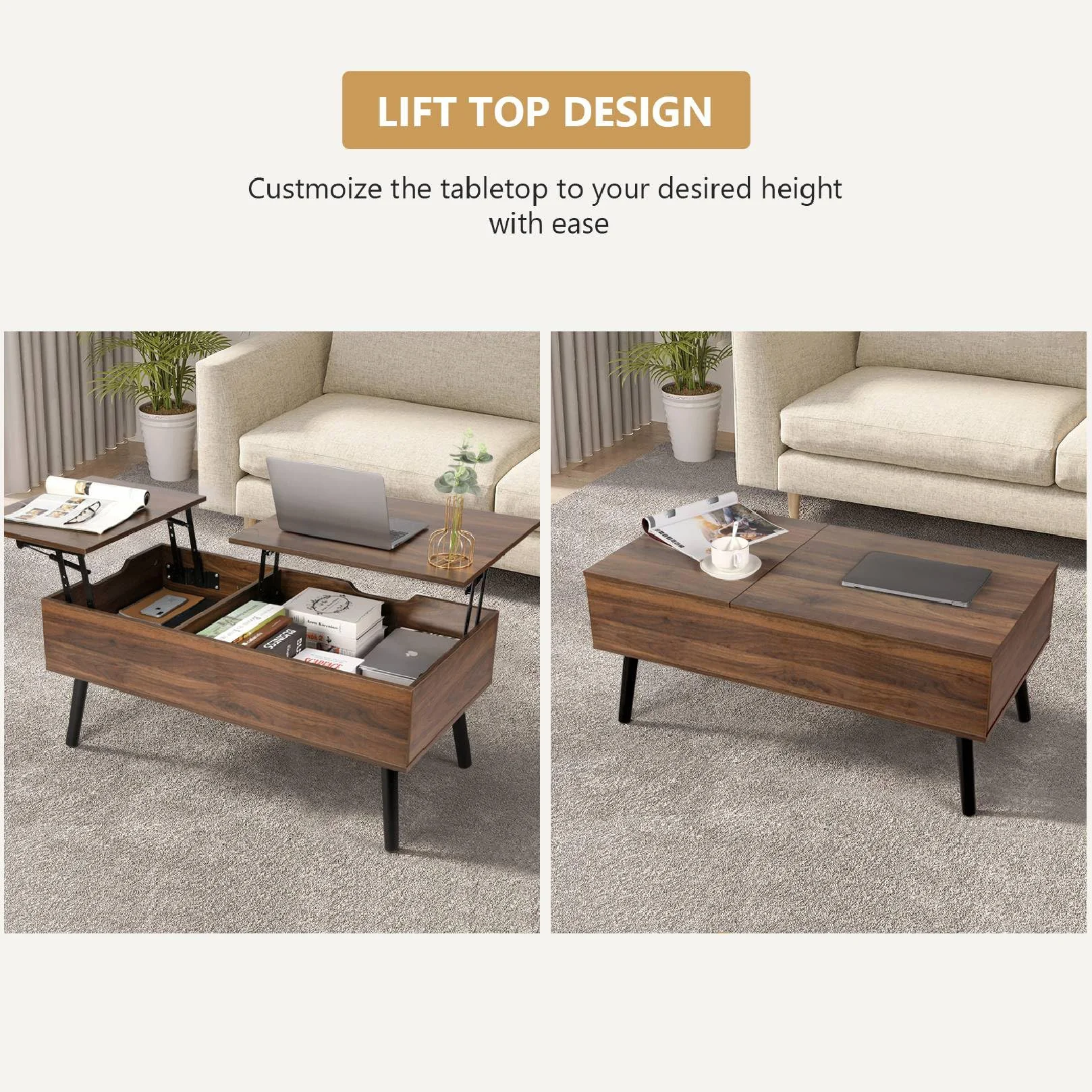 VOWNER Mesa de Centro, Mesa de Centro Regulable en Altura, Extraíble, Extensible, Compartimento de Almacenaje Oculto Independiente, Tablero Elevable Doble, Mesa de Sofá de Salón, Nogal Color