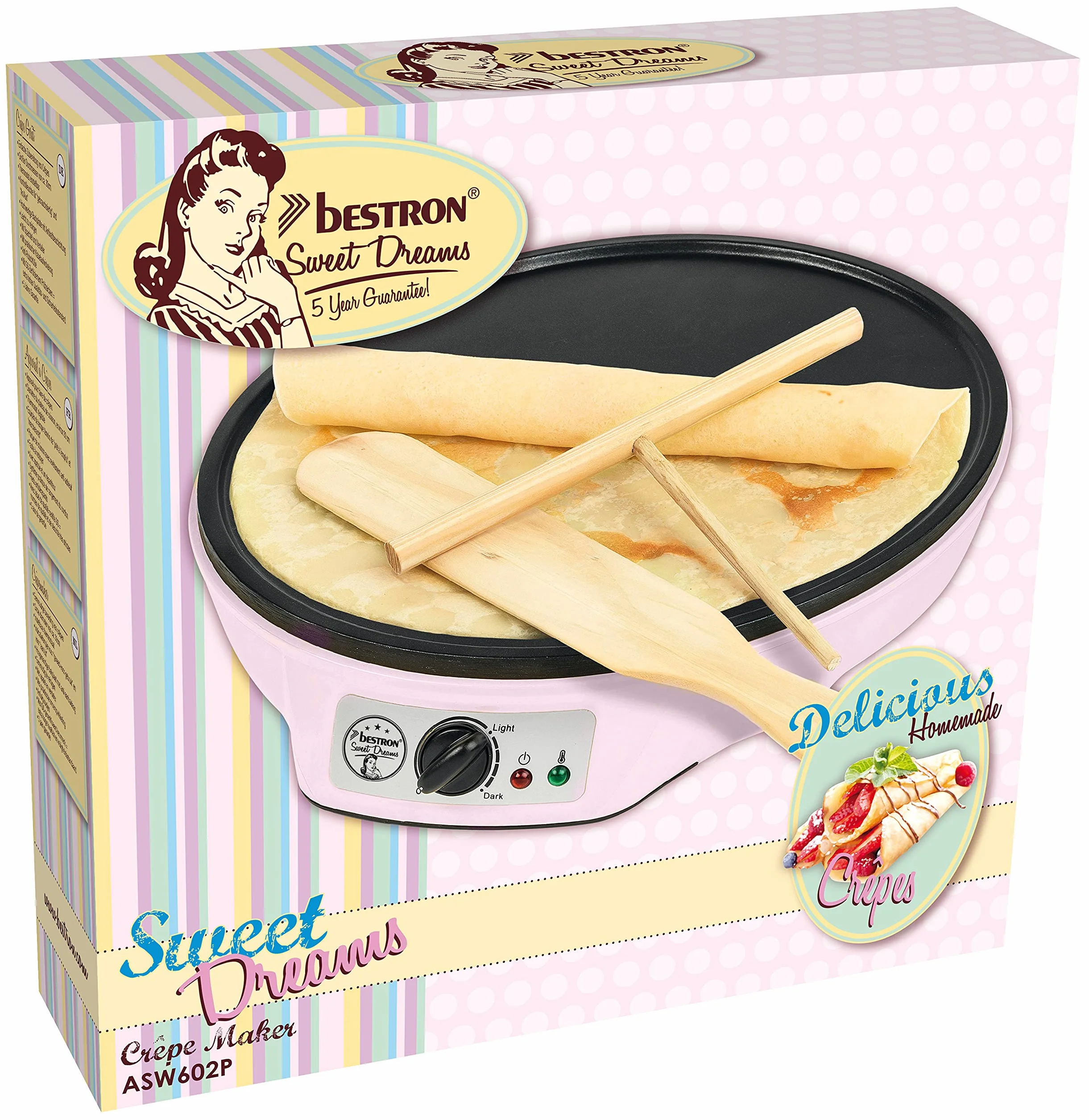 Bestron Crepera de diseño retro, Crepera electrica para crepes de Ø 30 cm, incl. esparcidor de masa y volteador de crepes, con revestimiento antiadherente, 1000 vatios, color: rosa