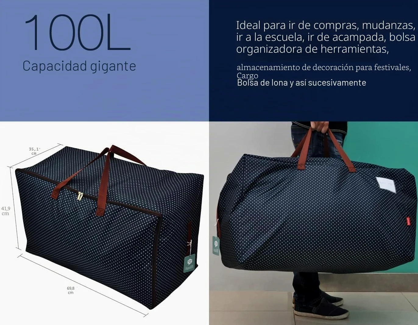 Pack de 2 bolsas de viaje de gran tamaño, bolsas grandes para el viaje, Punto azul
