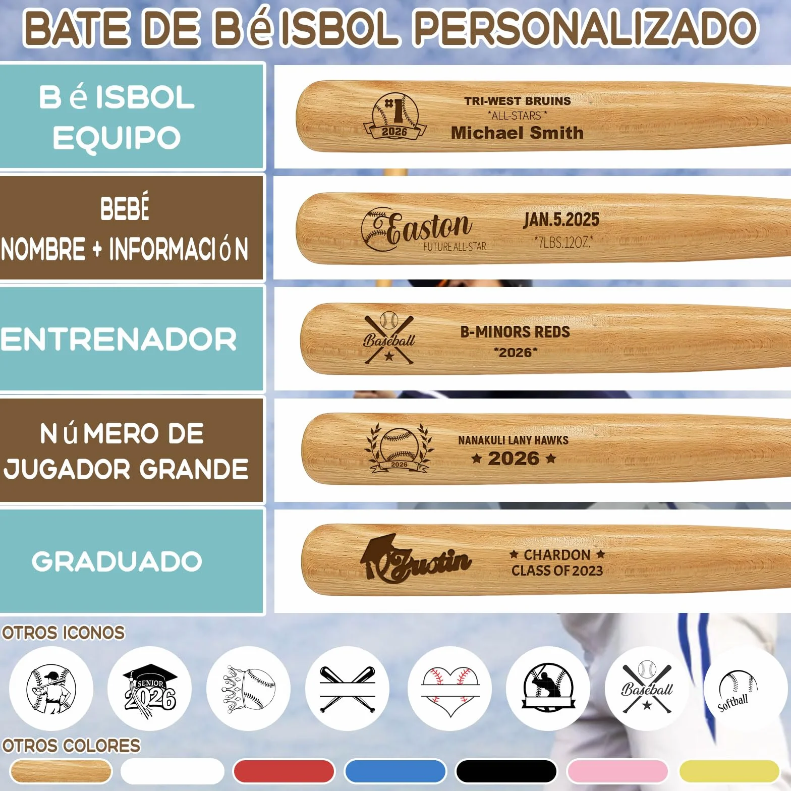 Bate de Béisbol Personalizado 18 Pulgadas – Grabado con Nombre, Número y Logo – Regalo para Little League