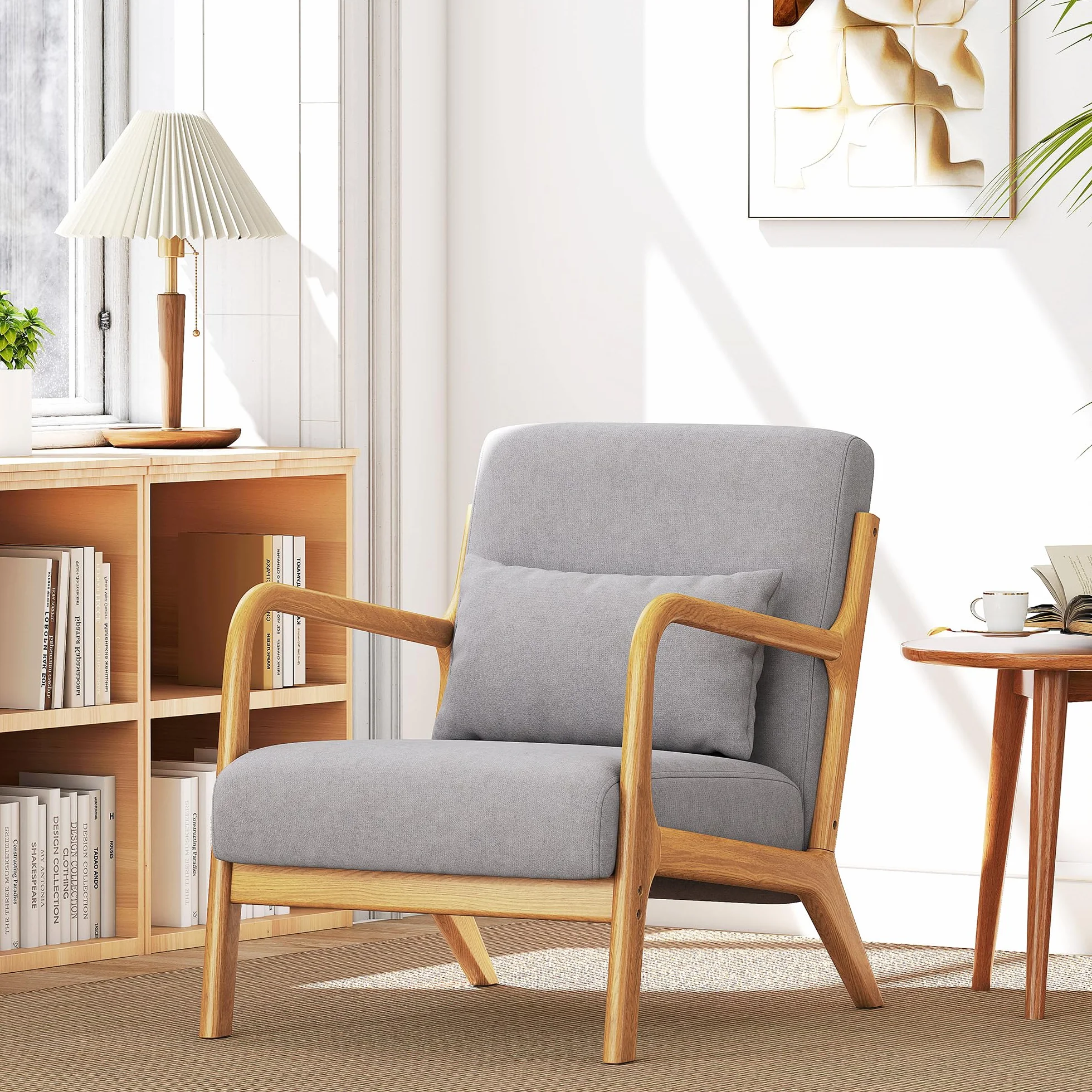 HOMCOM Butaca de Salón Butaca Nórdica Sillón de Salón con Reposabrazos Cojín y Marco de Madera de Caucho para Dormitorio Carga 120 kg 61x78x76 cm Gris