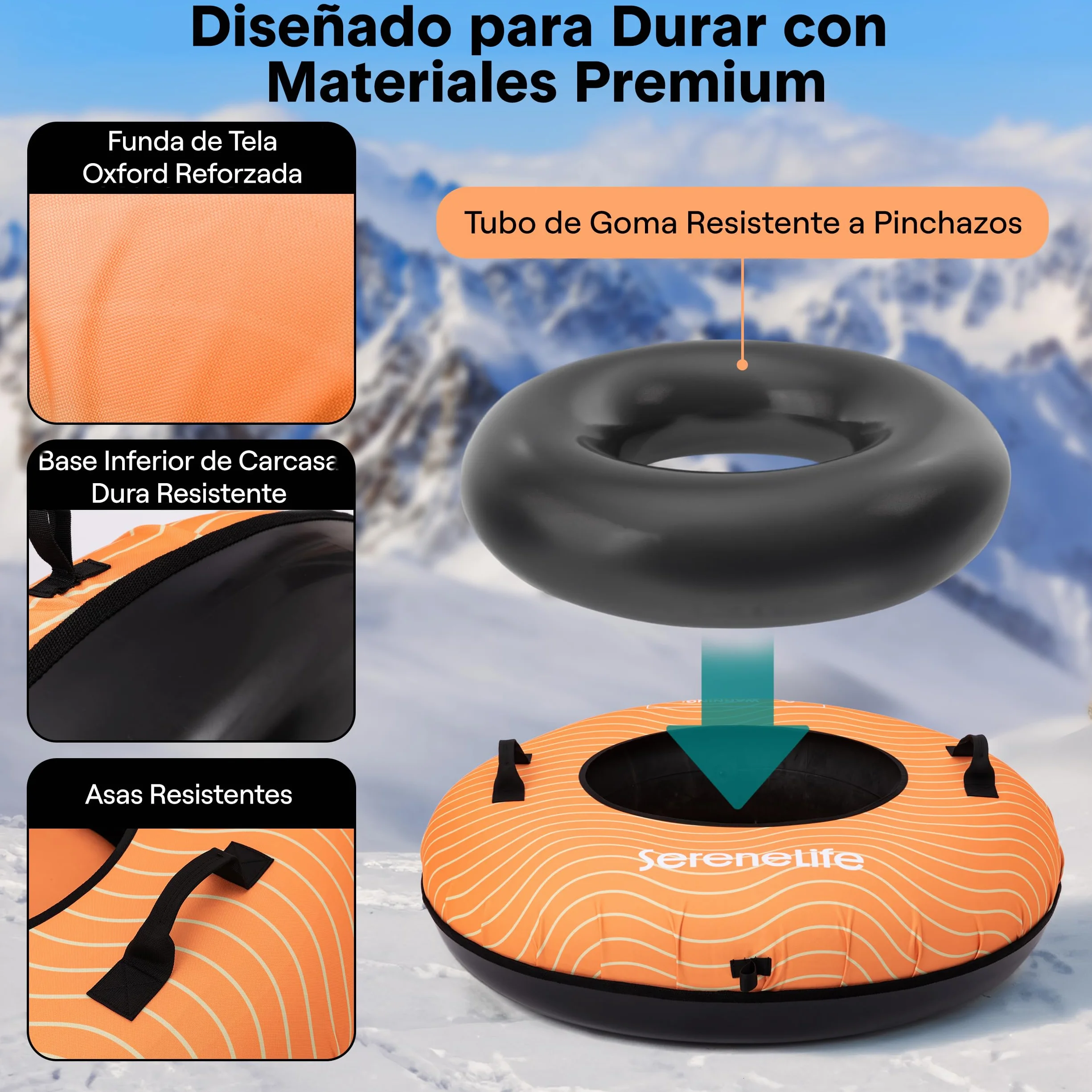 SereneLife Snowtube 101/112/122 cm – Trineo Inflable para Niños y Adultos con Base de Plástico Resistente, Cuerda de Arrastre y Diseño Deslizante para Nieve