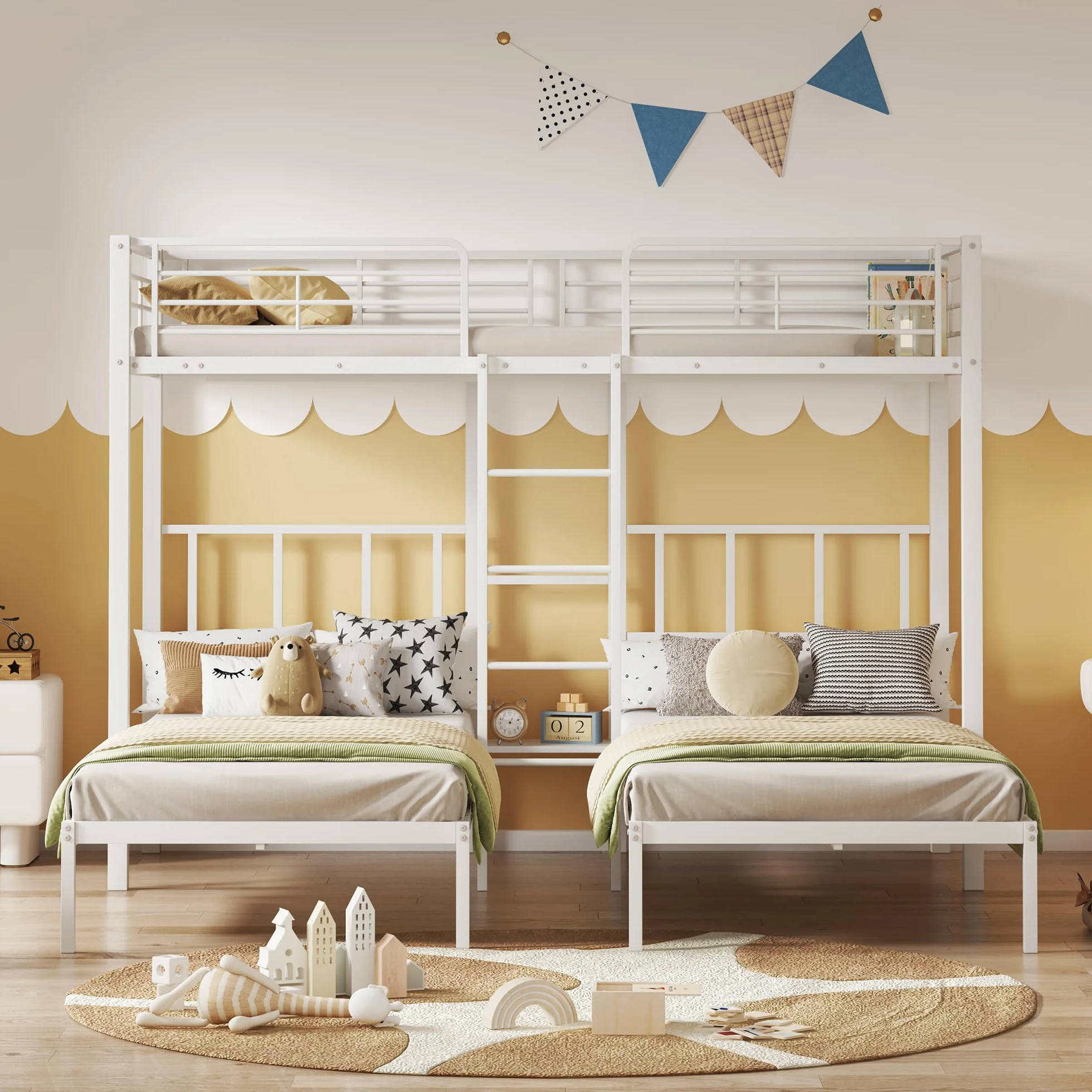 Moimhear Cama Triple, litera Triple con Escalera para niños y Adolescentes, Cama de Hierro con Puerta de Seguridad y Mesa (90x200cmx3, Blanco)