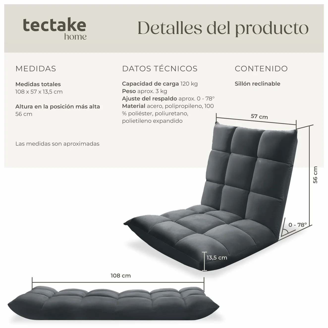 tectake® Sillon Plegable Lectura, Silla de Suelo Ajustable para Tatami, Terciopelo, Respaldo Flexible en 14 Posiciones, Sofa Suelo de Estructura de Acero, Silla Yoga, cómodo cojin de Suelo - Gris