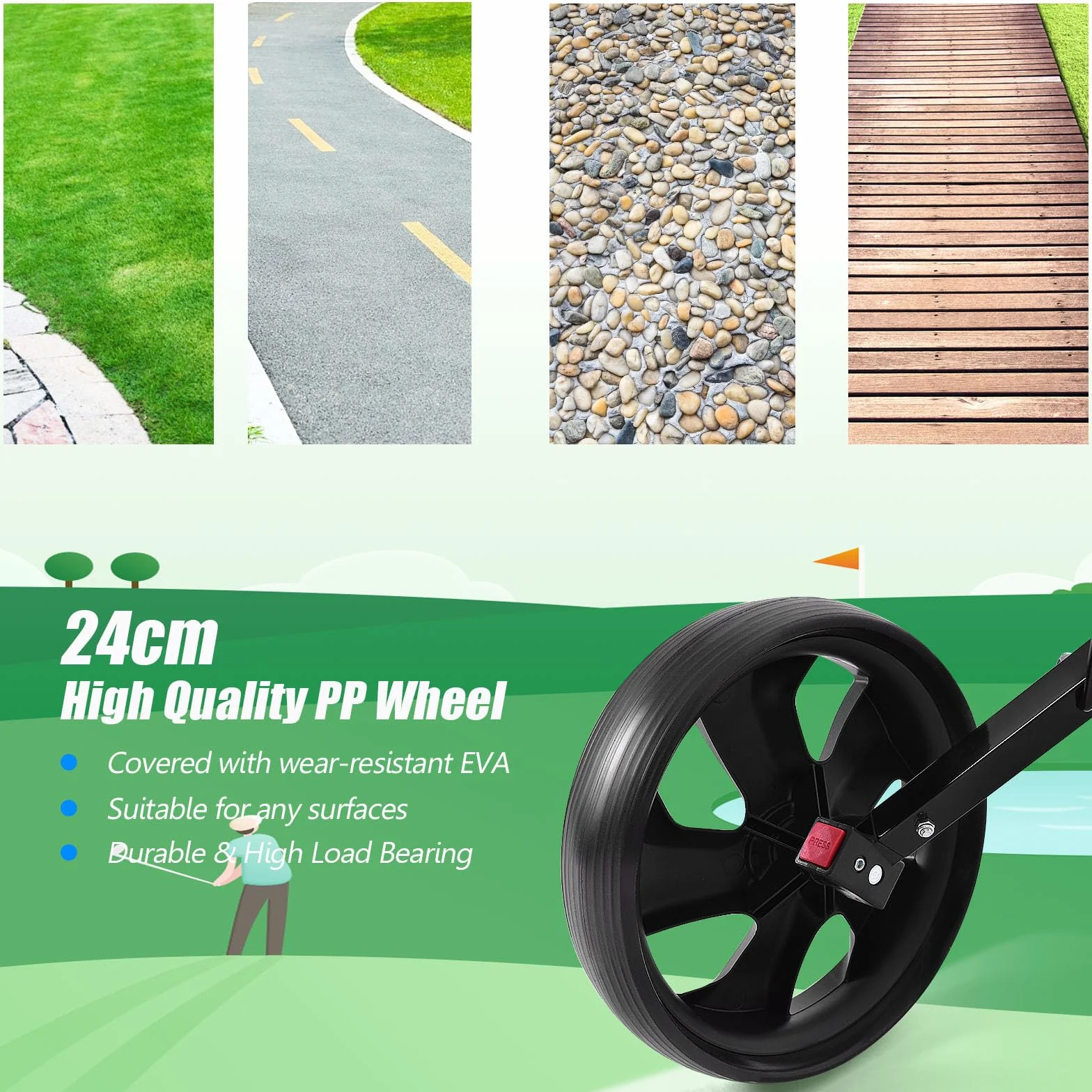 LIFEZEAL Carro de Golf Plegable con 2 Ruedas, Marcador, Correa Ajustable y Freno de pie