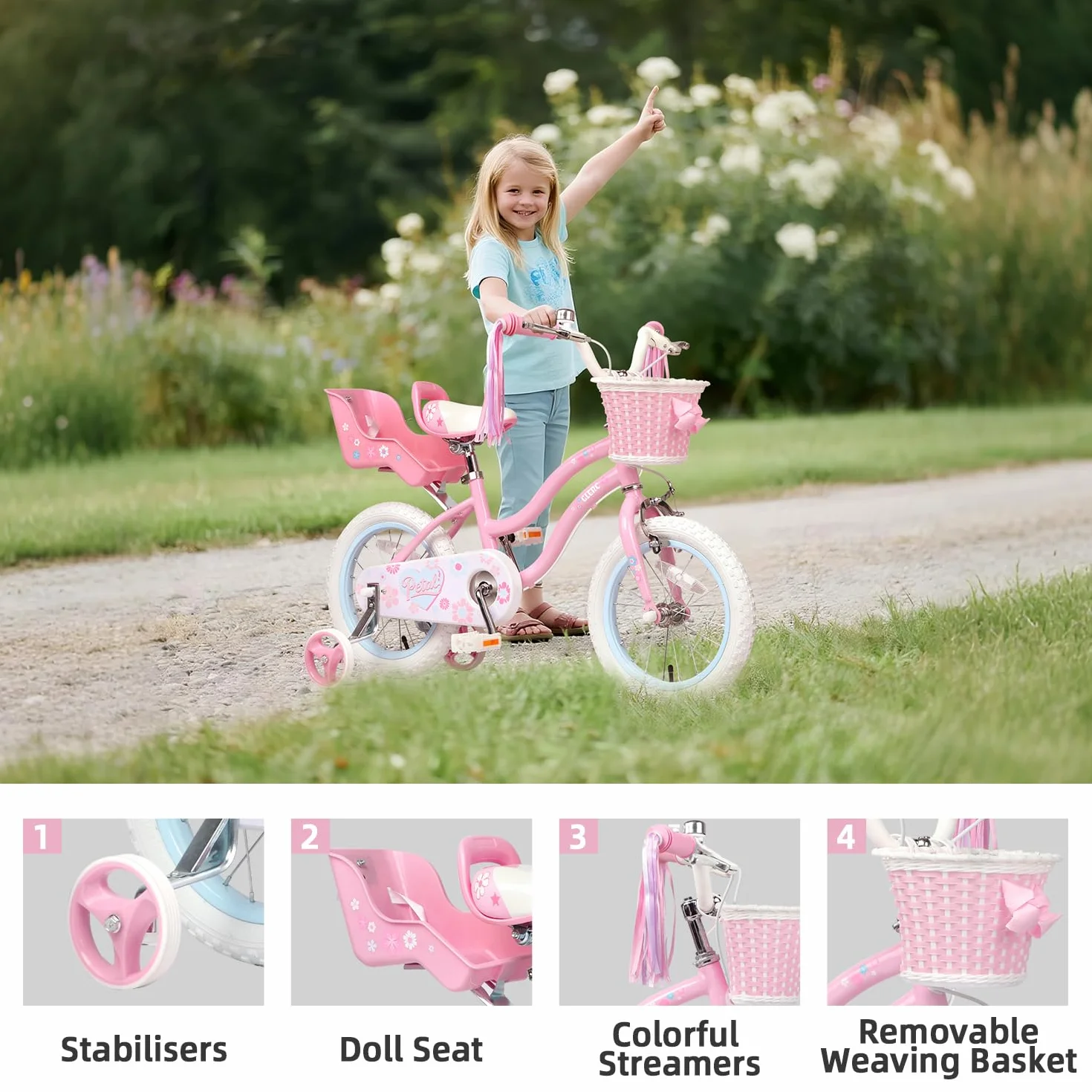 Glerc Bicicleta Infantil 12 14 16 Pulgadas Estilo Princesa para Niñas 2-8 Años con Pompones Cesta Ruedines Rosa Azul Lila Melocotón