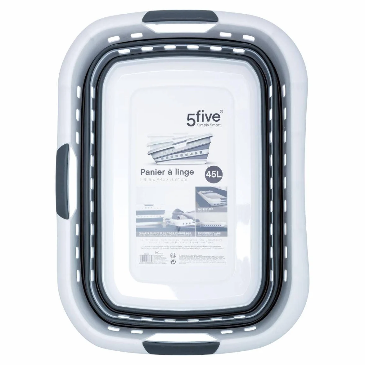 5 five simply smart 5five - Cesto de Ropa Plegable de 45 l - 3 Asas ergonómicas - Cesto de Ropa retráctil Rectangular - Gran Capacidad - Gris y Blanco