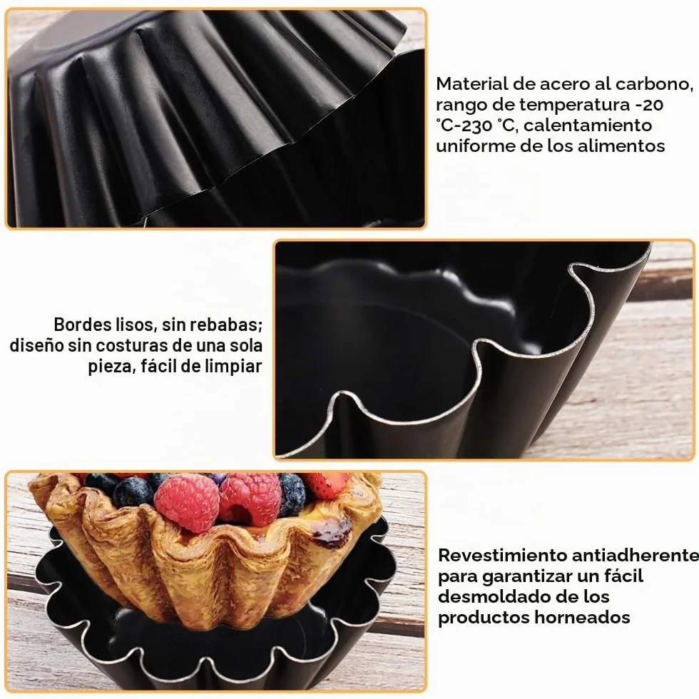 12 Piezas Moldes Mini Tartaletas Acero Carbono, 6.35 cm/2.5 in Moldes para Tartaletas Individuales,Reutilizables y Antiadherentes,Molde de Tarta de Huevo para Pudding, Tarta, Cupcake, Muffin