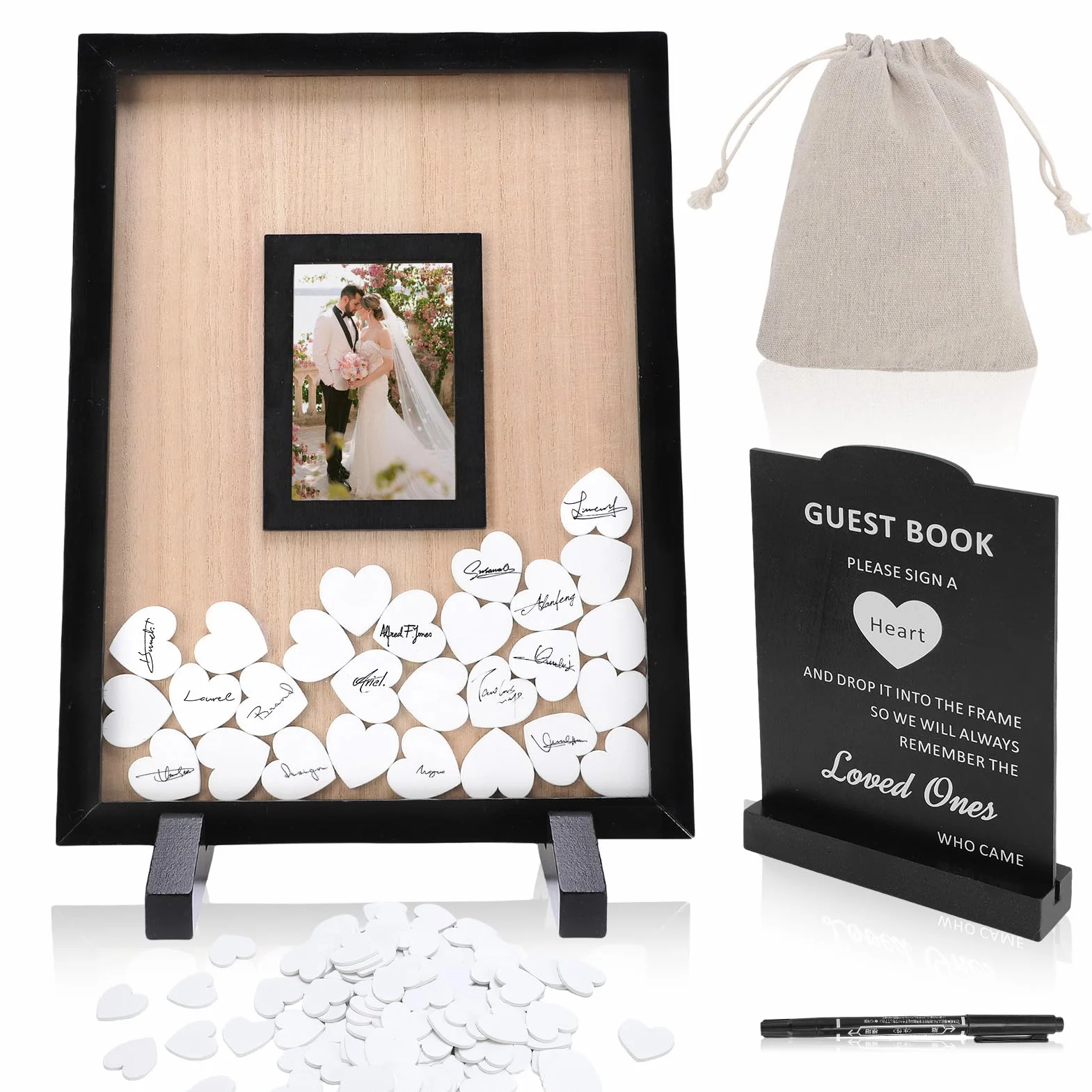 Gugxiom Libro de invitados de boda alternativo, libros de invitados de madera con 90 corazones, libros de invitados alternativa a la fiesta de cumpleaños de aniversario de la boda del bebé