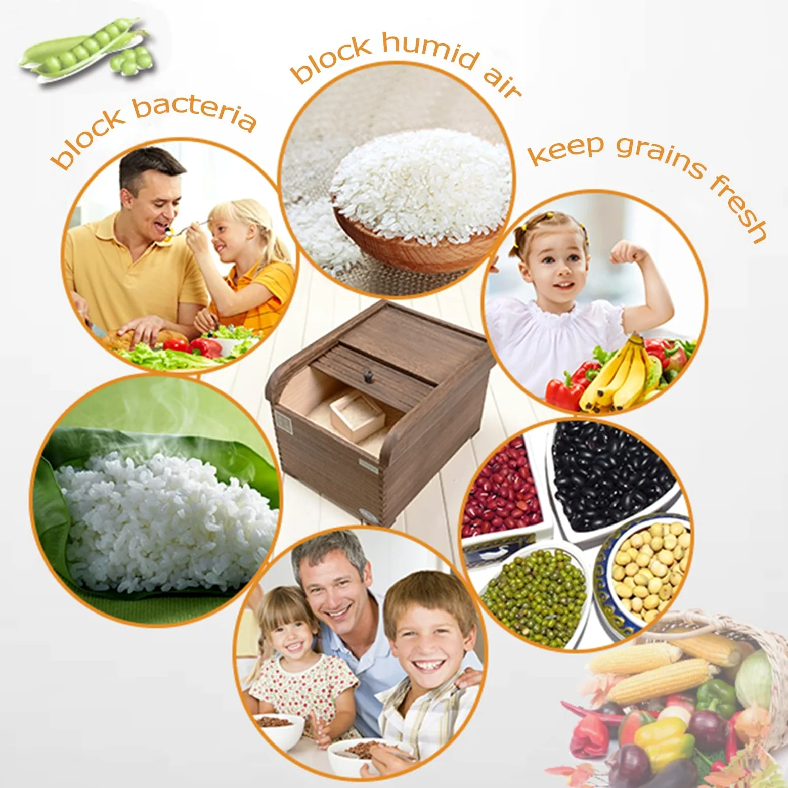 Botes Cocina Almacenaje Caja Dispensador De Arroz De Madera - Comida Seca/Grano/Harina/Frijol/Cereal, Caja De Almacenamiento Sellada con Tapa, Gabinetes De Despensa Domésticos De Cocina, Gran