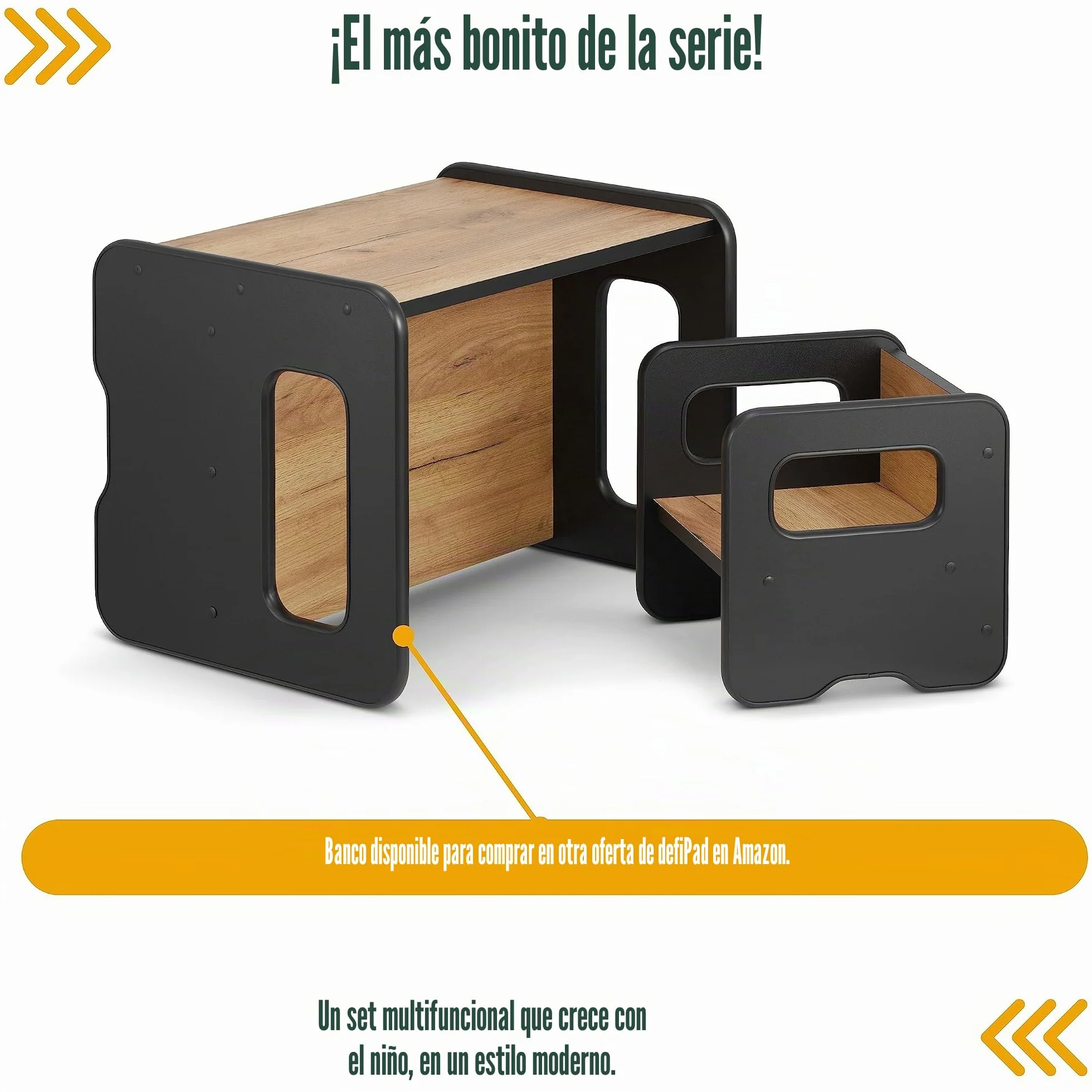 Taburete infantil de madera doble cara convertible en mesa - Negro y Roble