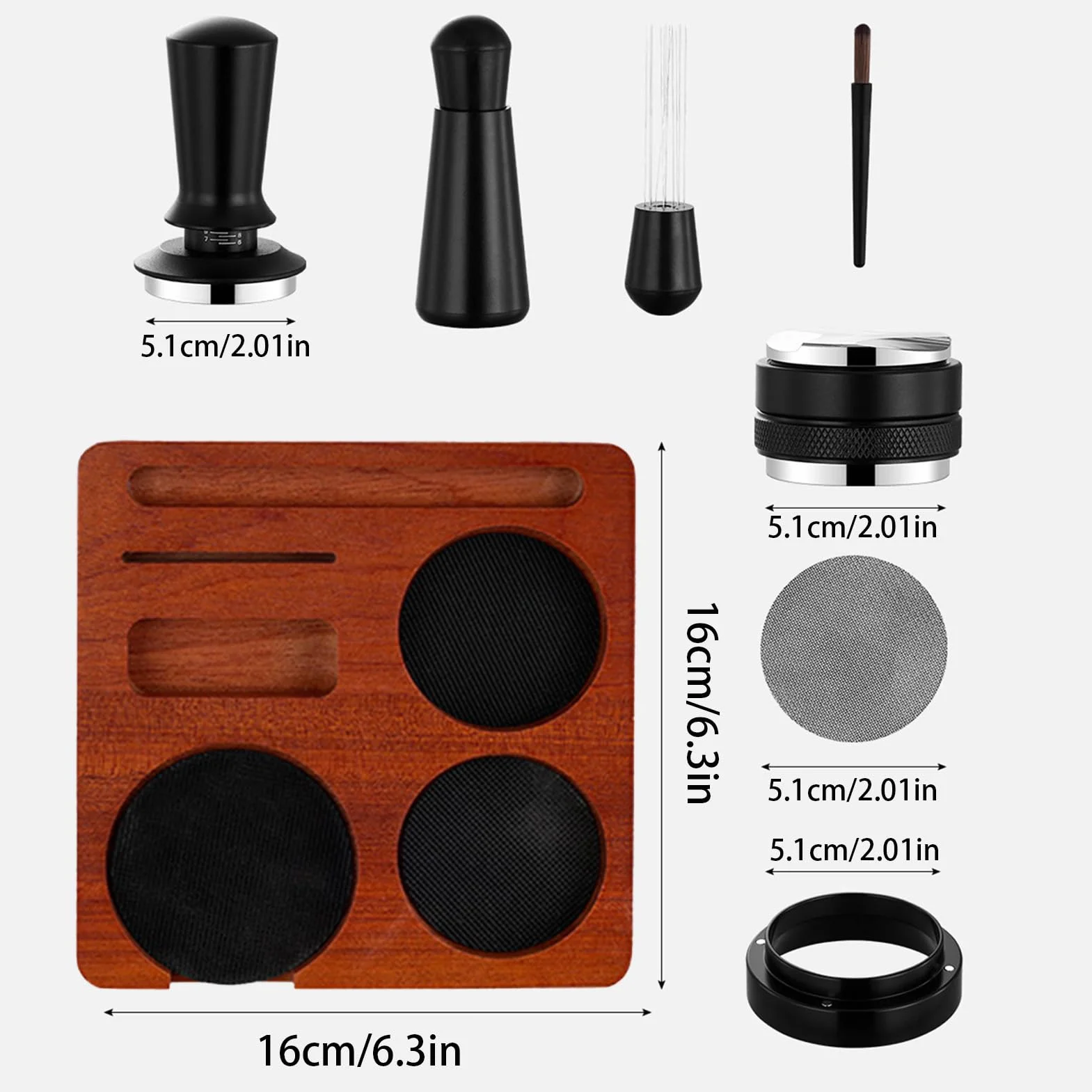 Kit de accesorios para espresso 7 piezas, juego de manipulación de café de 51 mm/58 mm con herramienta WDTde manipulación de café, embudo dosificador, cepillo de pantalla, estación de apisonamiento