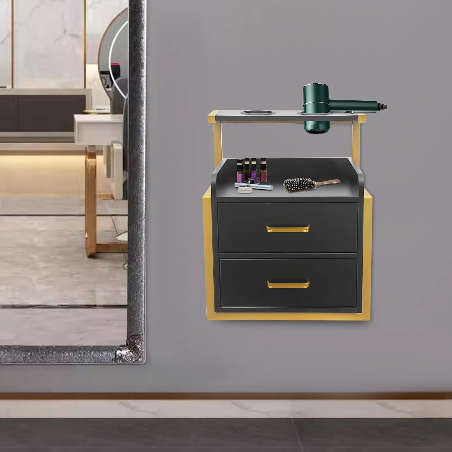 Armario colgante para peluquería, armario de pared con cajones y soporte para secador de pelo para accesorios de peluquería, armario de belleza, moderno, dorado y negro, 40 × 30 × 48 cm