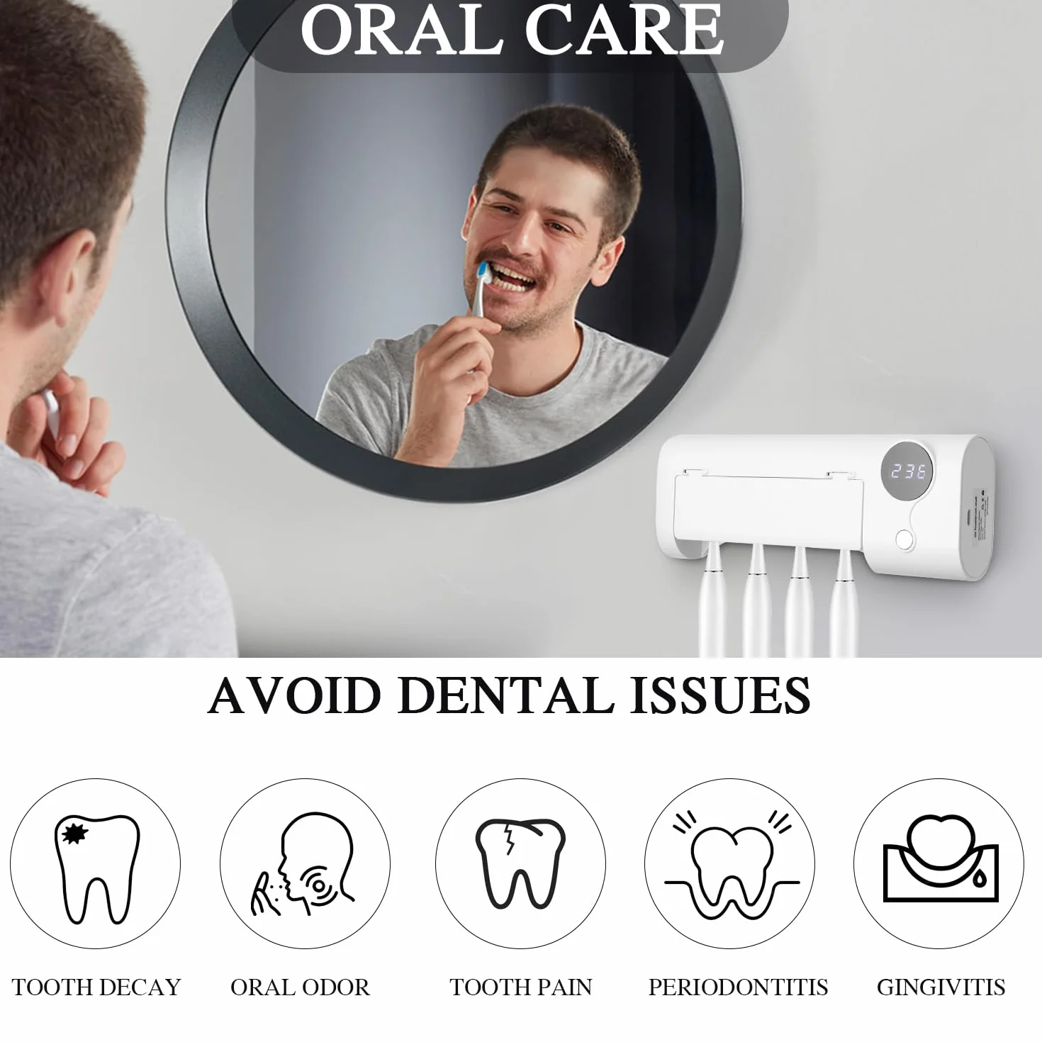 Soporte Cepillo de Dientes Eléctrico, Esterilizador Cepillo Dientes UV, Soporte Cepillo de Dientes Pared, Desinfectante Cepillo Dientes, Inalámbrico y Recargable USB, Organizador Baño sin Taladro