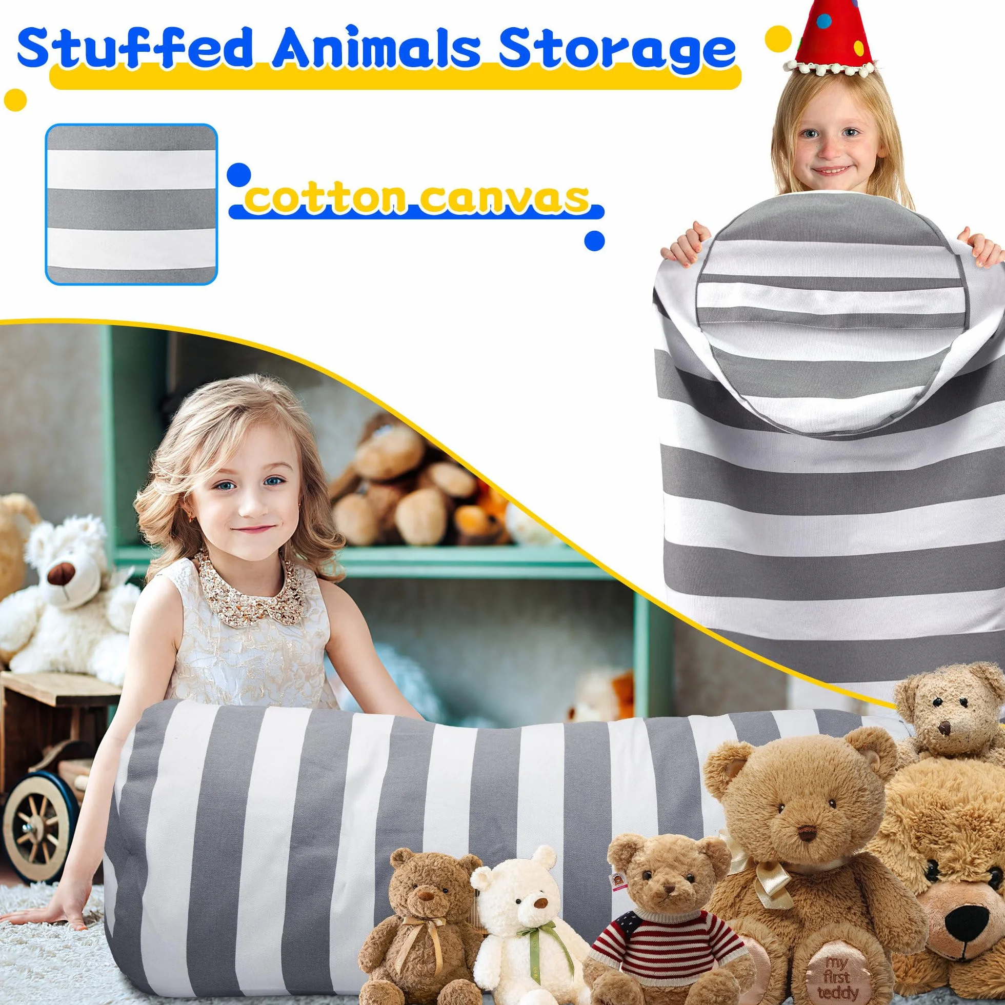 Funda para puf de almacenamiento de animales de peluche para niños, bolsas organizadoras de juguetes de peluche para niños y niñas, una cremallera de longitud completa, decoración de muebles