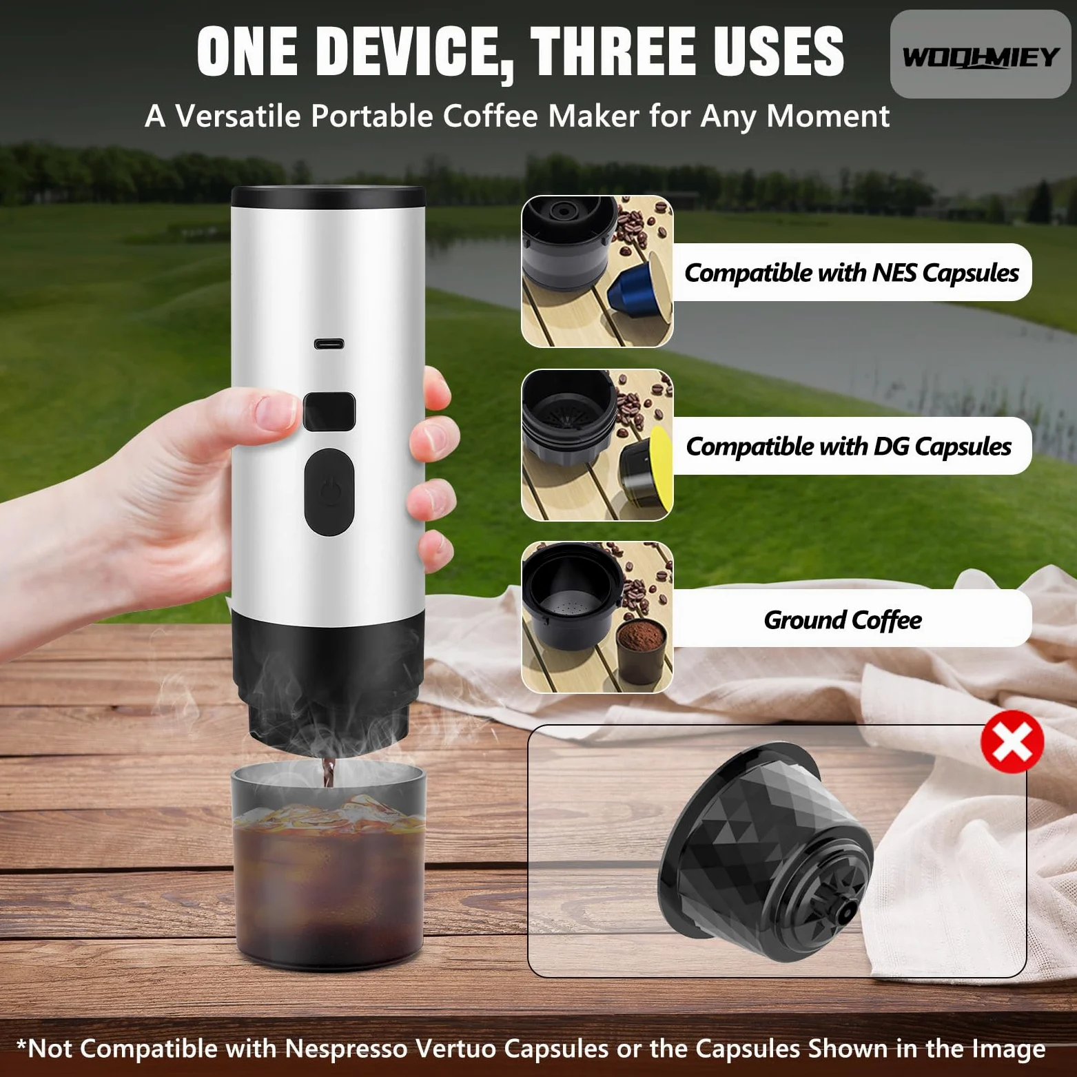 Cafetera eléctrica portátil de cápsulas con autocalentamiento y Pantalla, Recargable, 7800 mAh, Compatible con cápsulas Dolce Gustos y café molido, Ideal para Viajes, Oficina y Hog