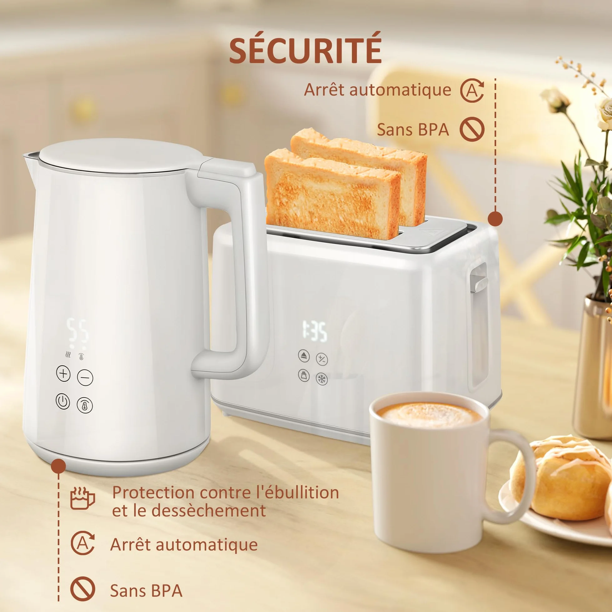 HOMCOM Juego de hervidor y tostadora 2200 W, hervidor de Agua de Acero Inoxidable 1,5 L con Aislamiento y tostadora 2 rebanadas, 7 Niveles de bruñido, descongelación, recalentamiento y Bandeja para