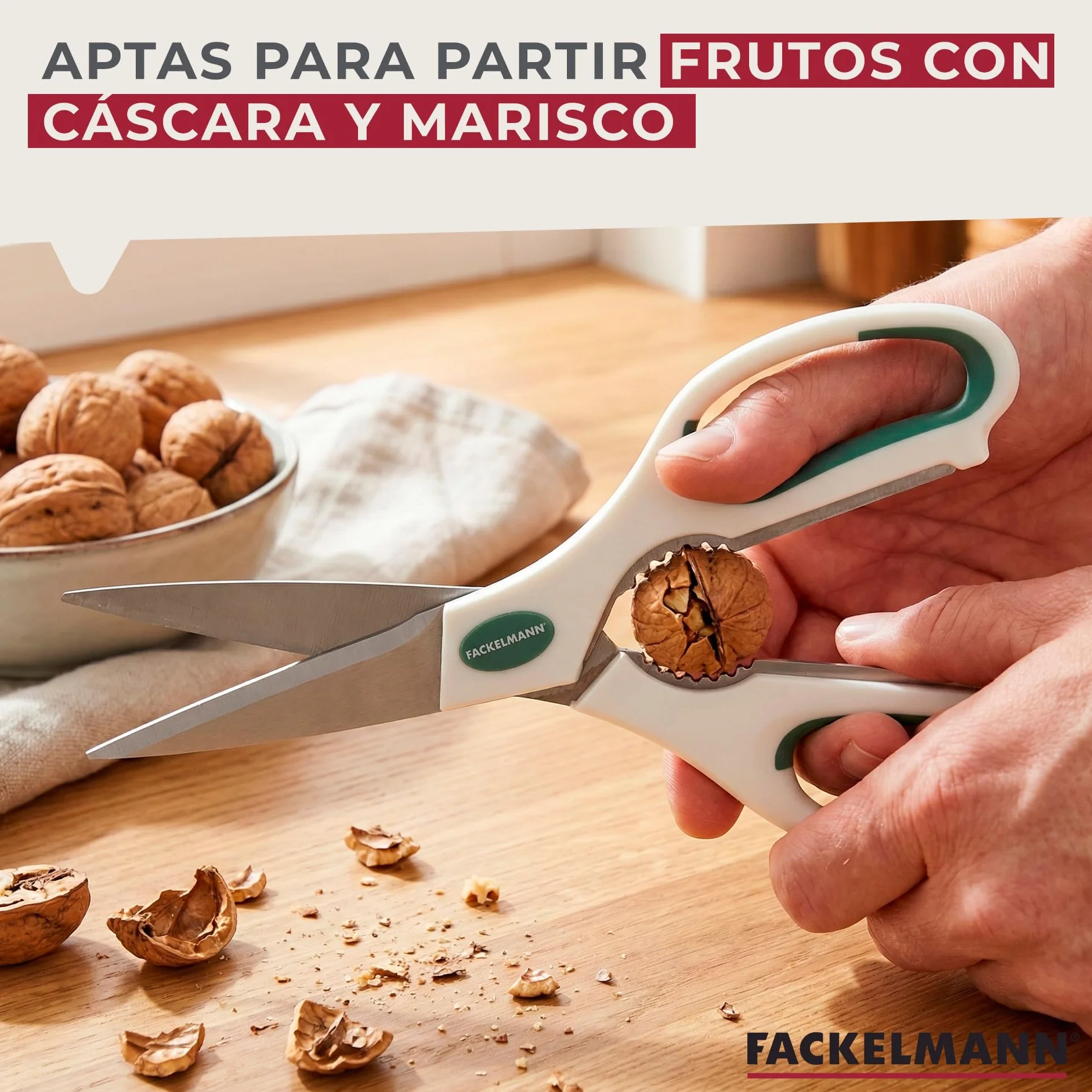 Fackelmann Tijeras Cocina Multifunción de gran tamaño Acero Inoxidable, Polipropileno y Goma, Color Blanco, 22 cm