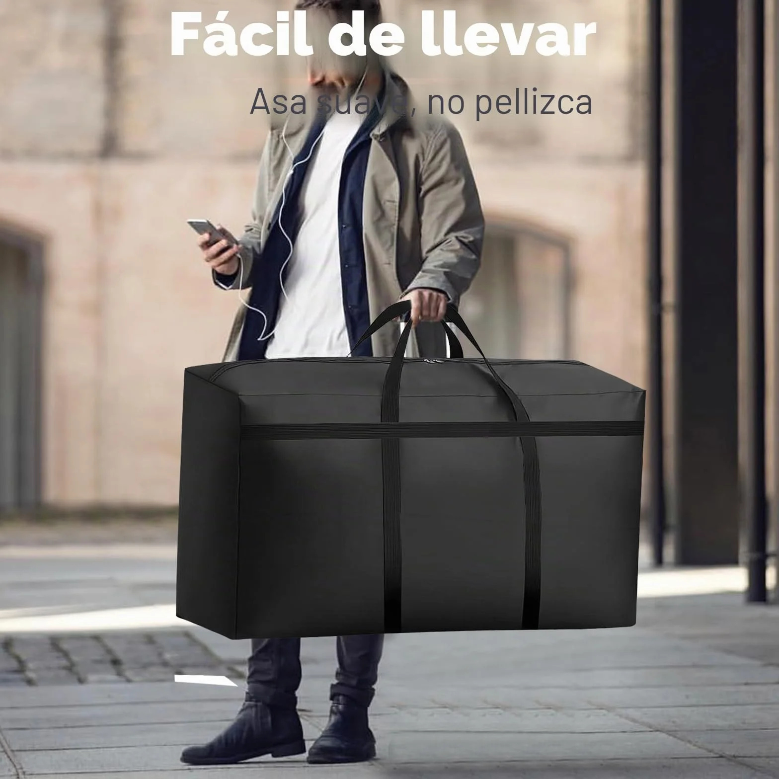 KOMABLEN 4 Piezas 180L Bolsas Almacenaje Ropa, 600D Oxford Impermeable Cajas para Guardar Ropa con Cremallera y Asa, Negro Plegable Bolsas Mudanza Grandes para Edredones, Mantas