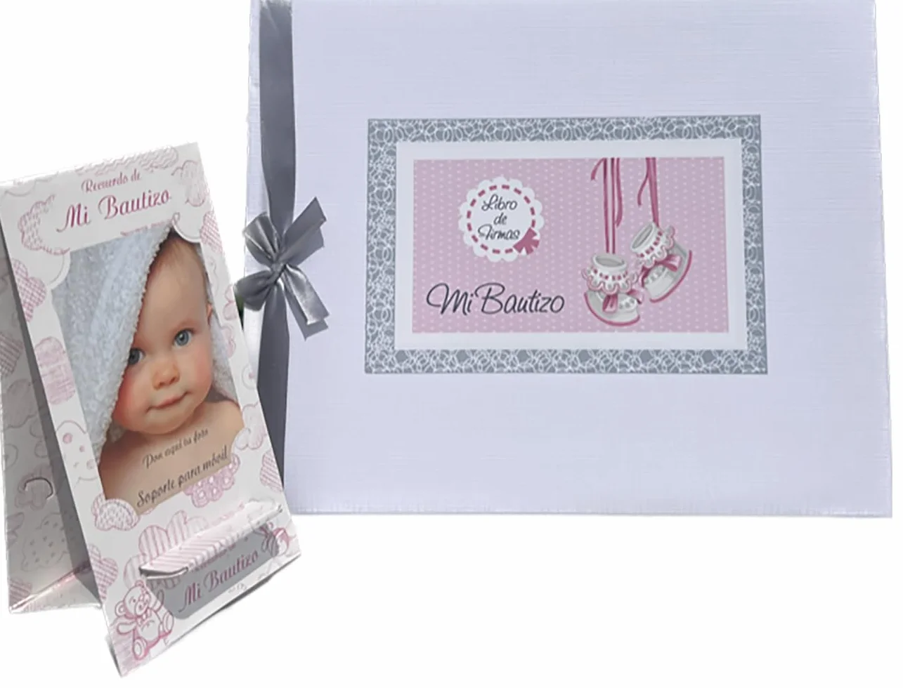 Libro de firmas bautizo bebe niña, libro visitas medidas, 27,5 x 23 x 2, 64 paginas, tapa dura, forrada gua Flex, con lazo plateado, más porta móviles personalizable, para poner la foto del bebe