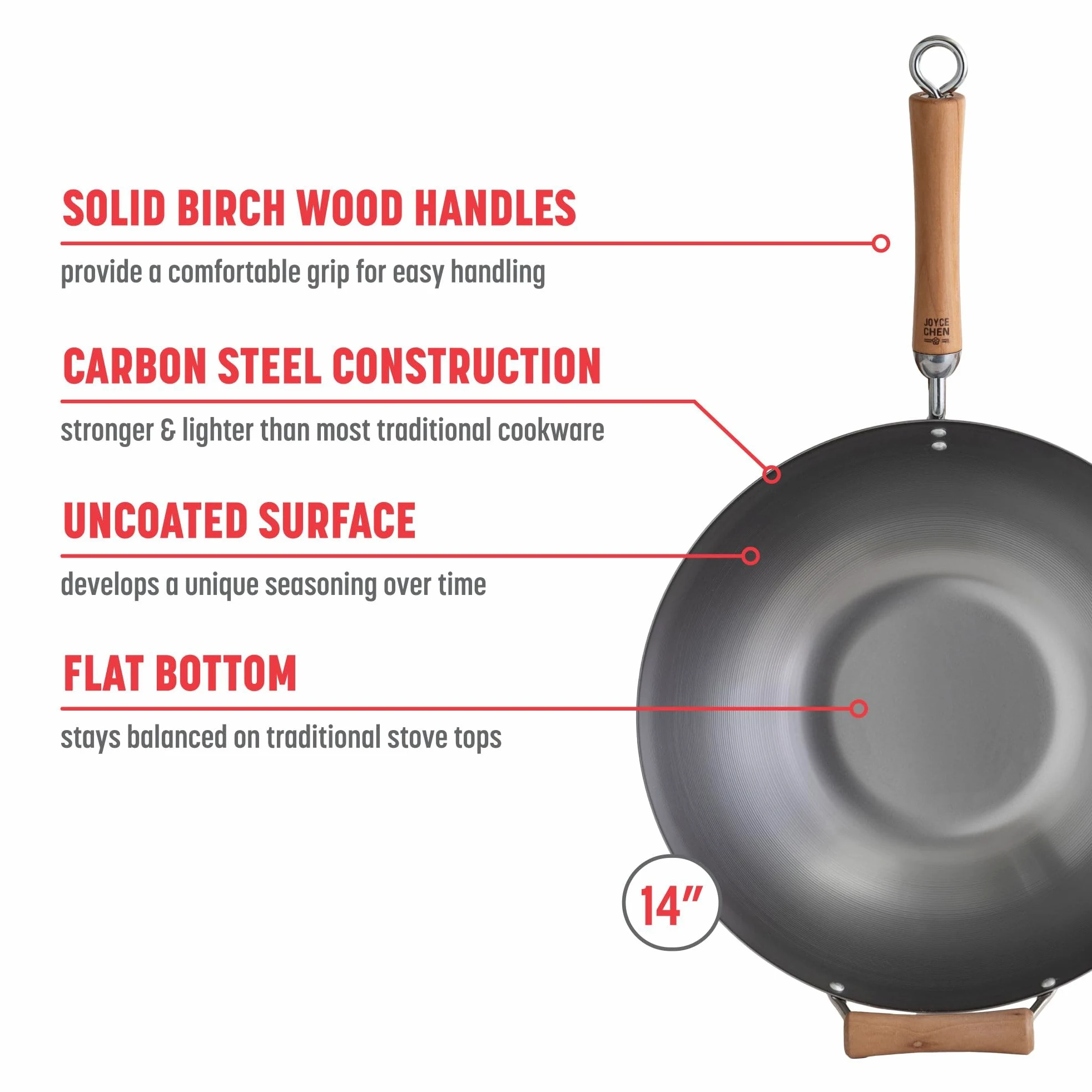 JOYCE CHEN Classic Series Wok de acero al carbono de 14 pulgadas con asas de abedul