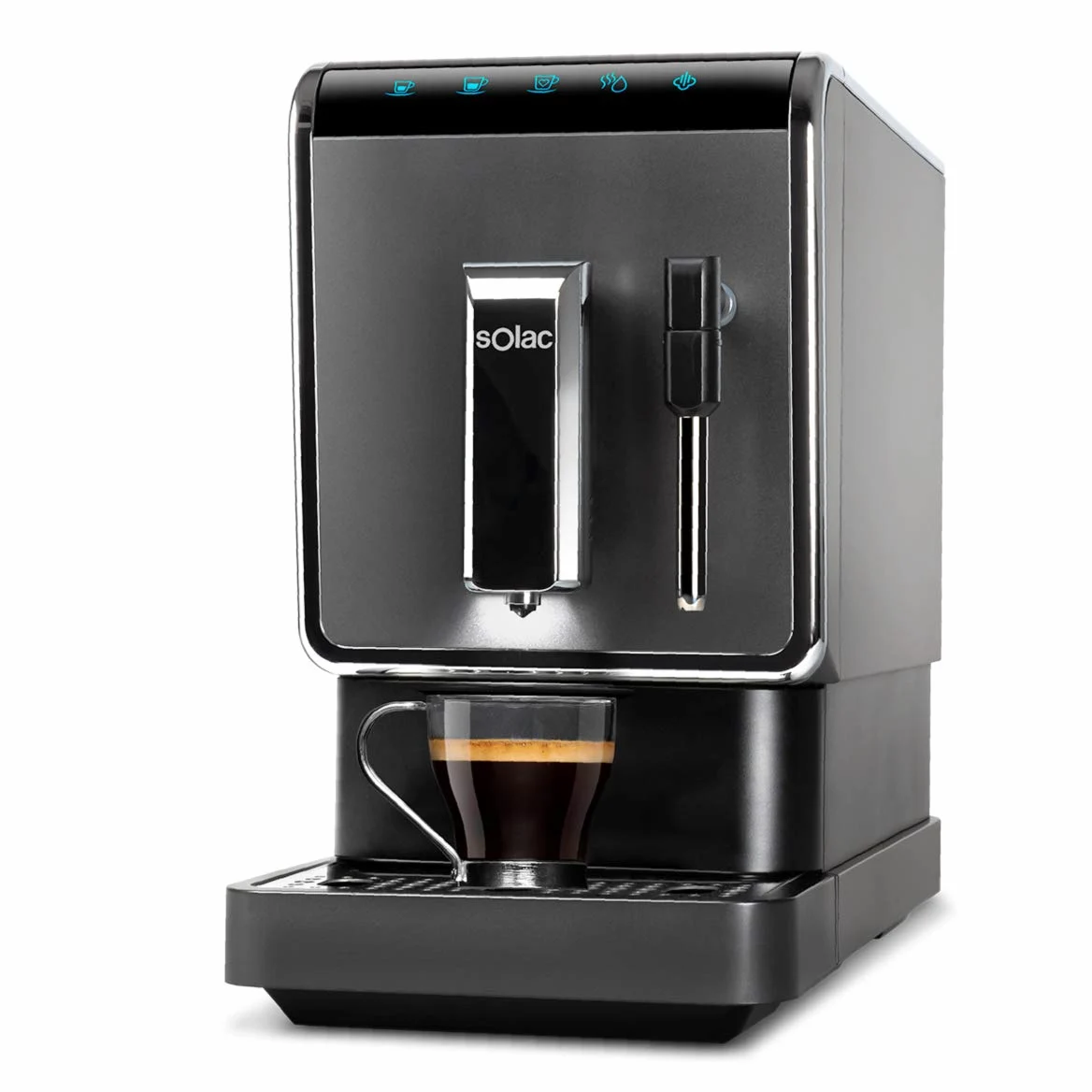Solac - Cafetera Súper Automática | Thermoblock | 19 bar | 1470W | Diseño compacto 18cm | Café en 40s | Espuma y Calienta leche | Auto limpieza | Café espresso, suave y favoritos personalizables