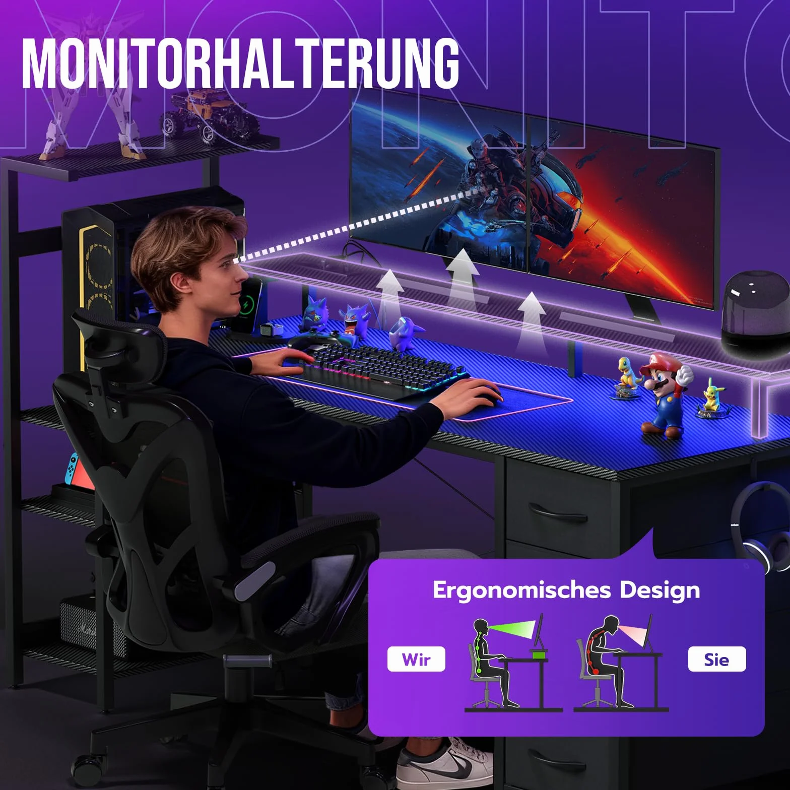 YOUDENOVA Escritorio para Gaming 150 * 50cm, Mesa de Juegos con iluminación LED y tomacorriente, Mesa de Ordenador con cajones, Fibra de Carbono Negro